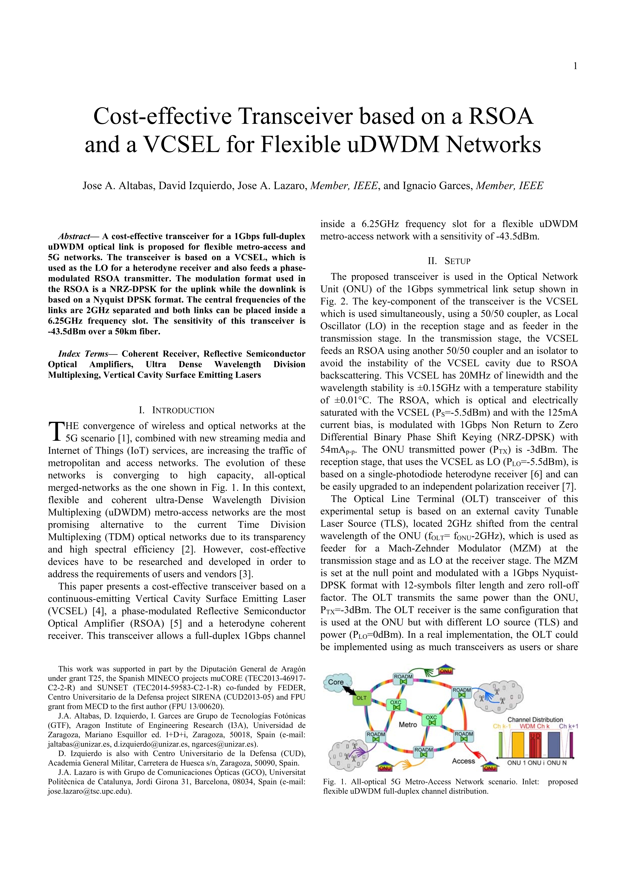 Cost-Effective Transceiver Based on an RSOA and a VCSEL for Flexible uDWDM Networks