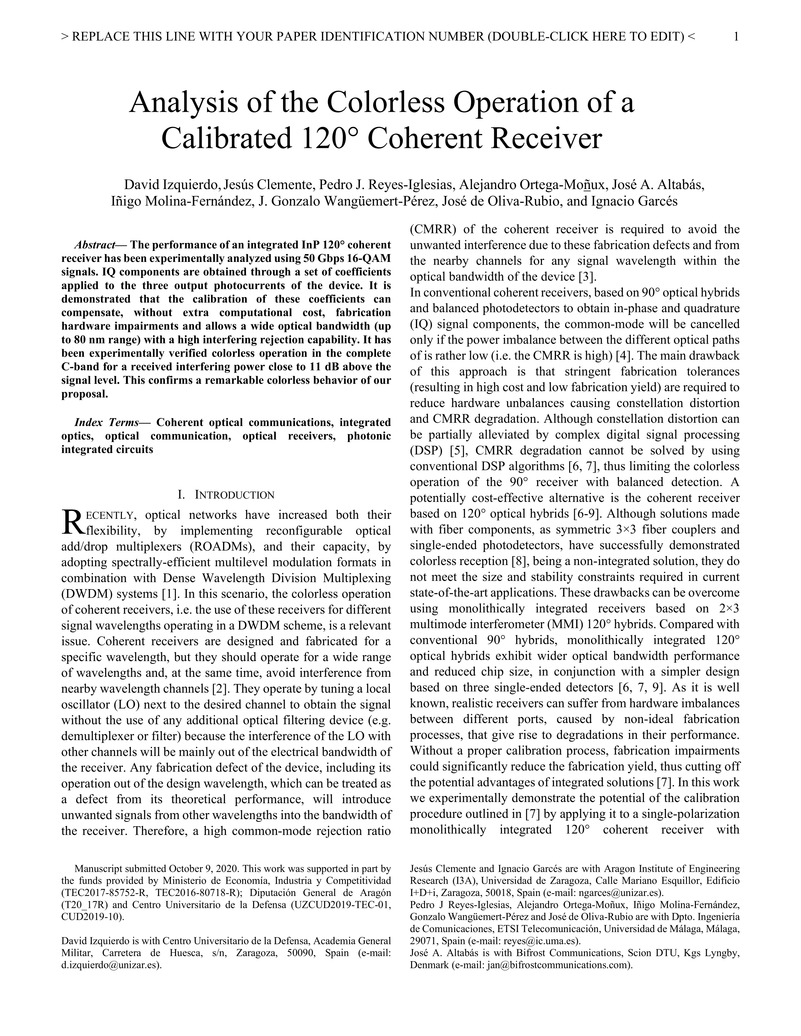 Analysis of the Colorless Operation of a Calibrated 120° Coherent Receiver