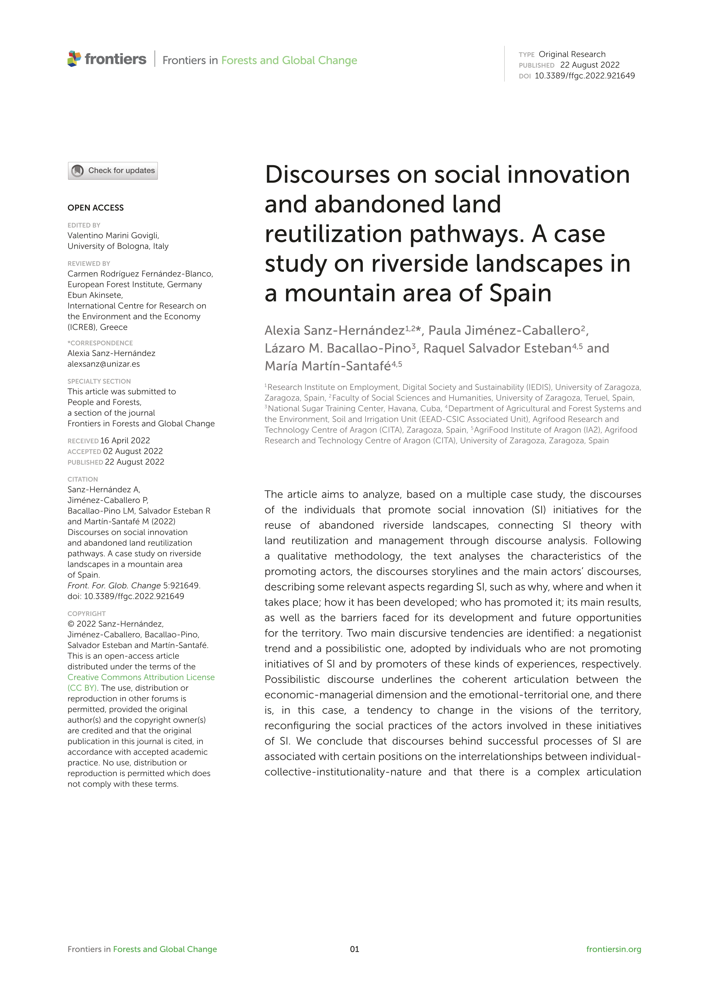Discourses on social innovation and abandoned land reutilization pathways. A case study on riverside landscapes in a mountain area of Spain