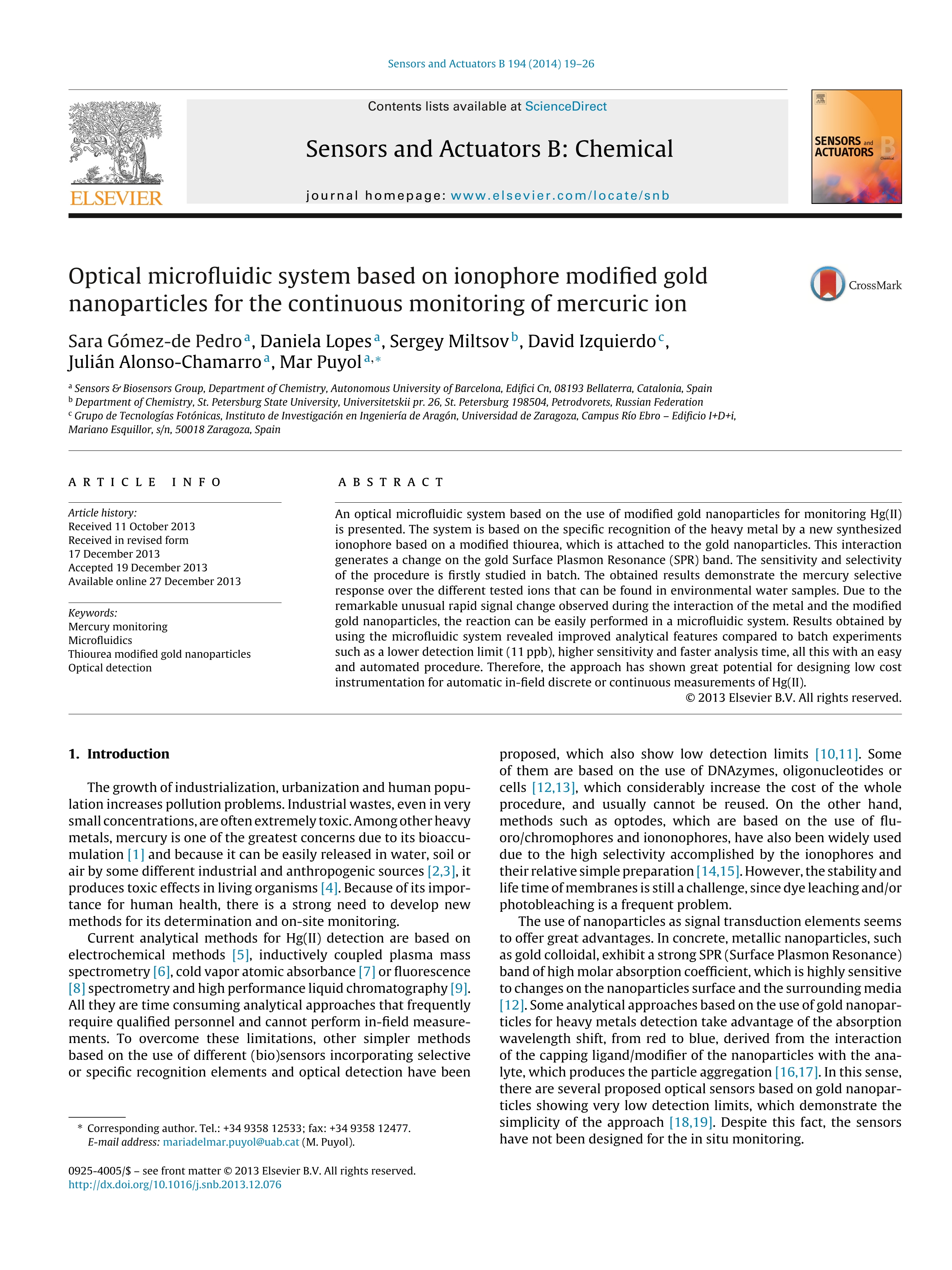 Optical microfluidic system based on ionophore modified gold nanoparticles for the continuous monitoring of mercuric ion