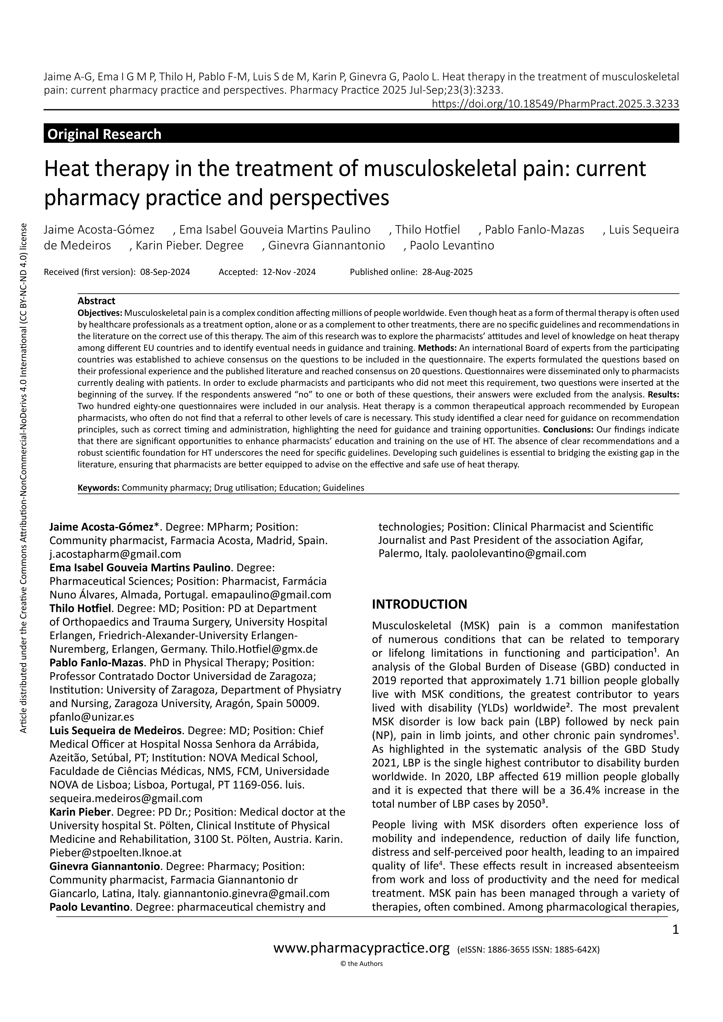 Heat therapy in the treatment of musculoskeletal pain: current pharmacy practice and perspectives
