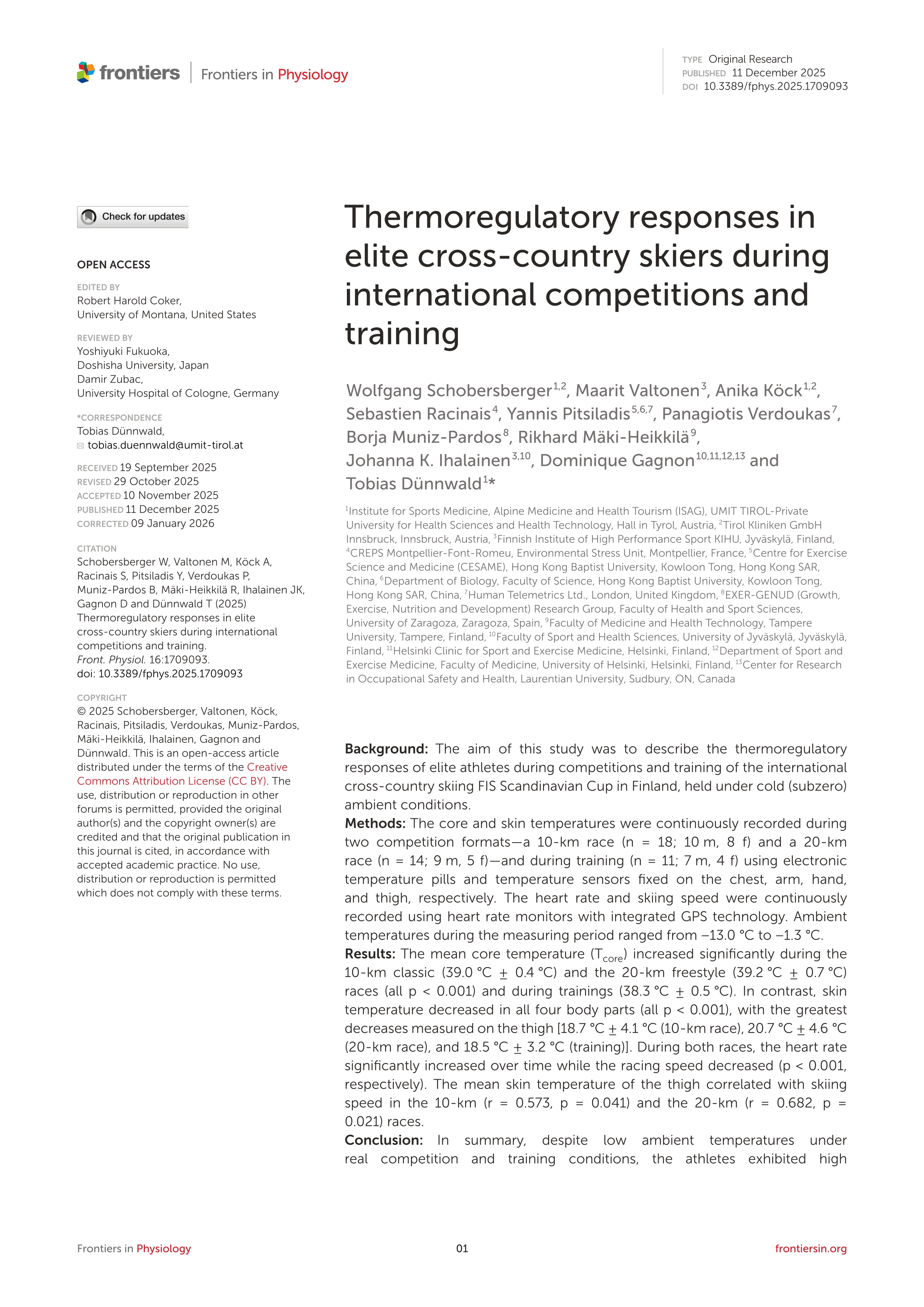 Thermoregulatory responses in elite cross-country skiers during international competitions and training