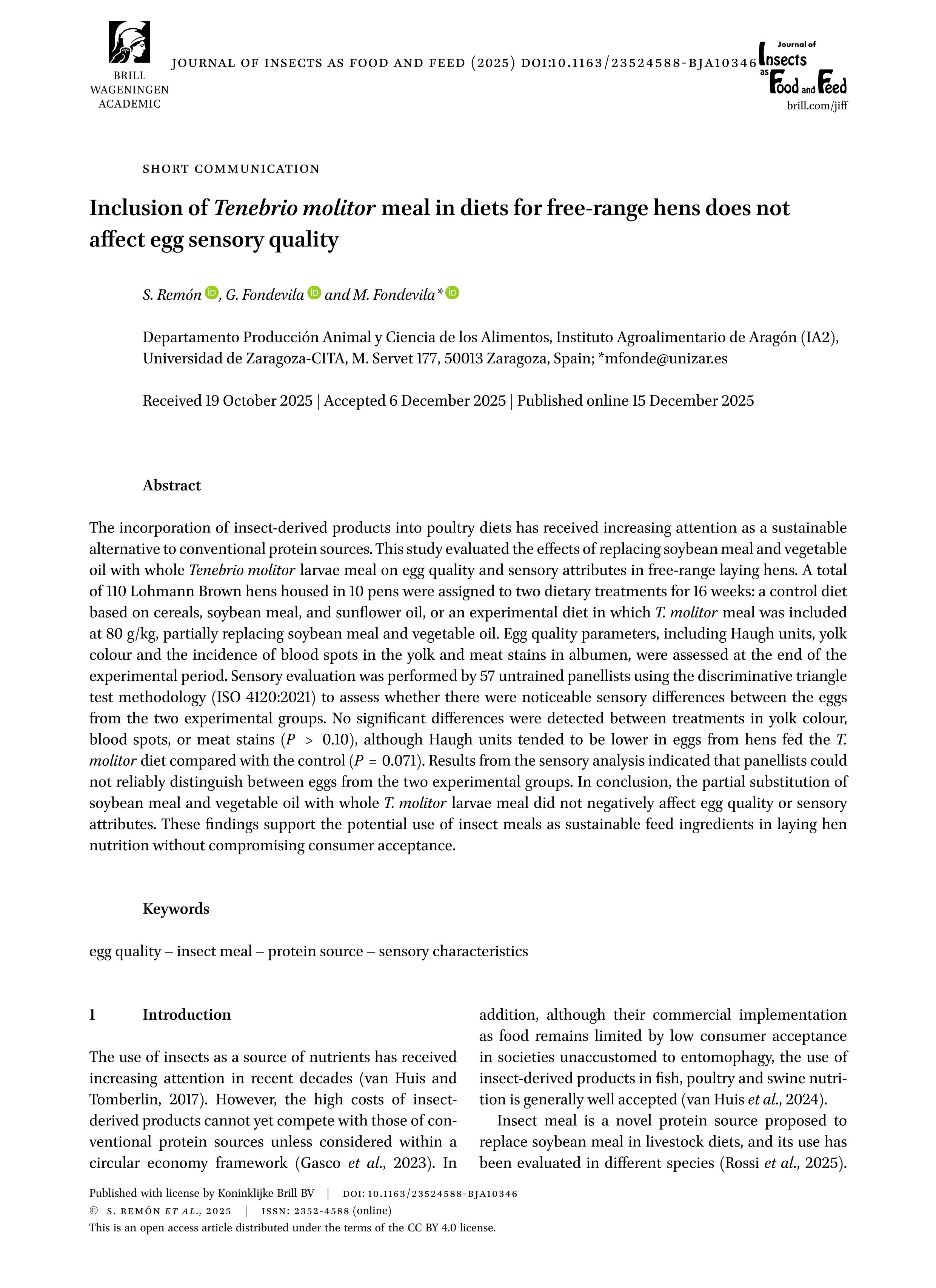 Inclusion of Tenebrio molitor meal in diets for free-range hens does not affect egg sensory quality