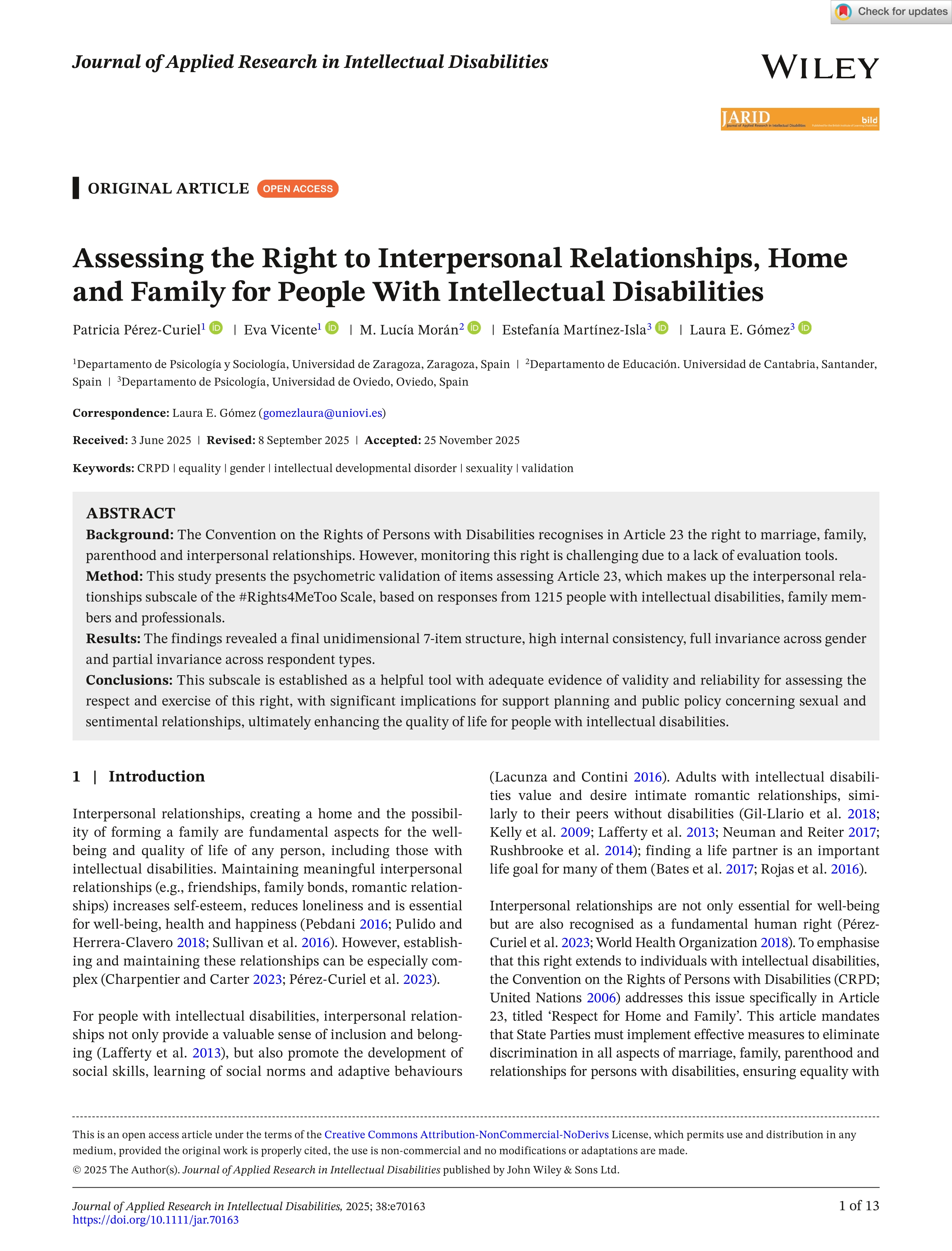 Assessing the right to interpersonal relationships, home and family for people with intellectual disabilities