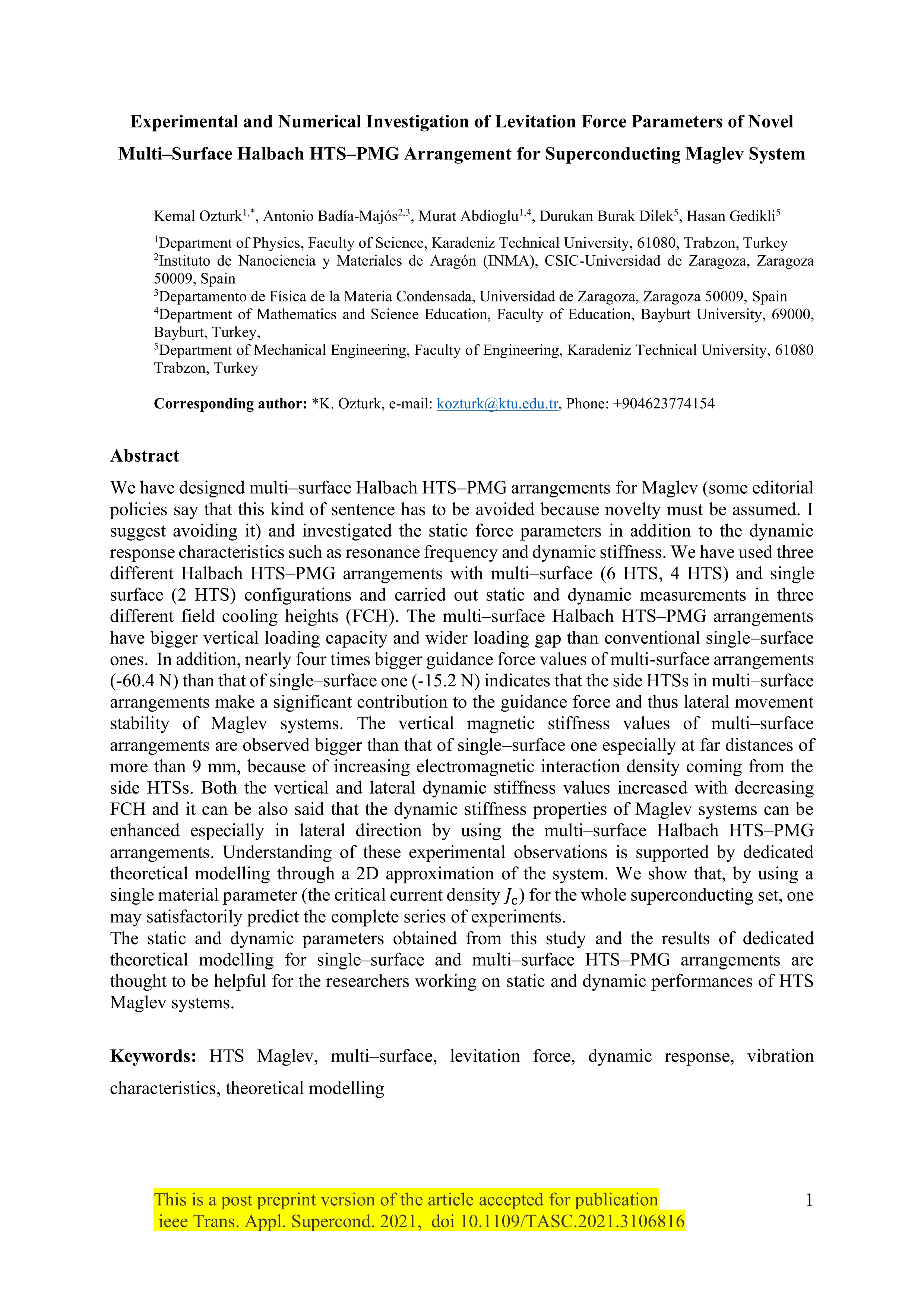 Experimental and Numerical Investigation of Levitation Force Parameters of Novel Multisurface Halbach HTS-PMG Arrangement for Superconducting Maglev System