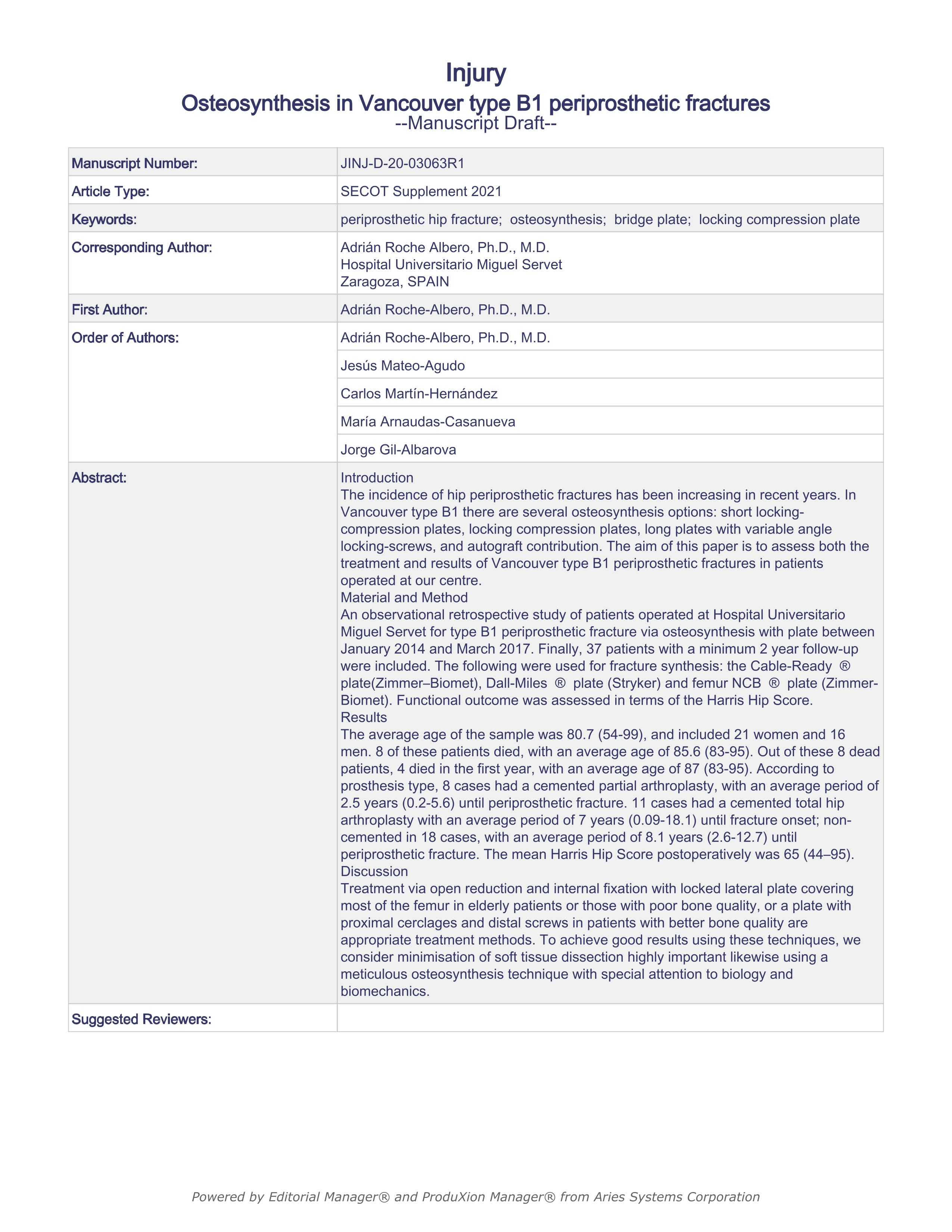 Osteosynthesis in Vancouver type B1 periprosthetic fractures