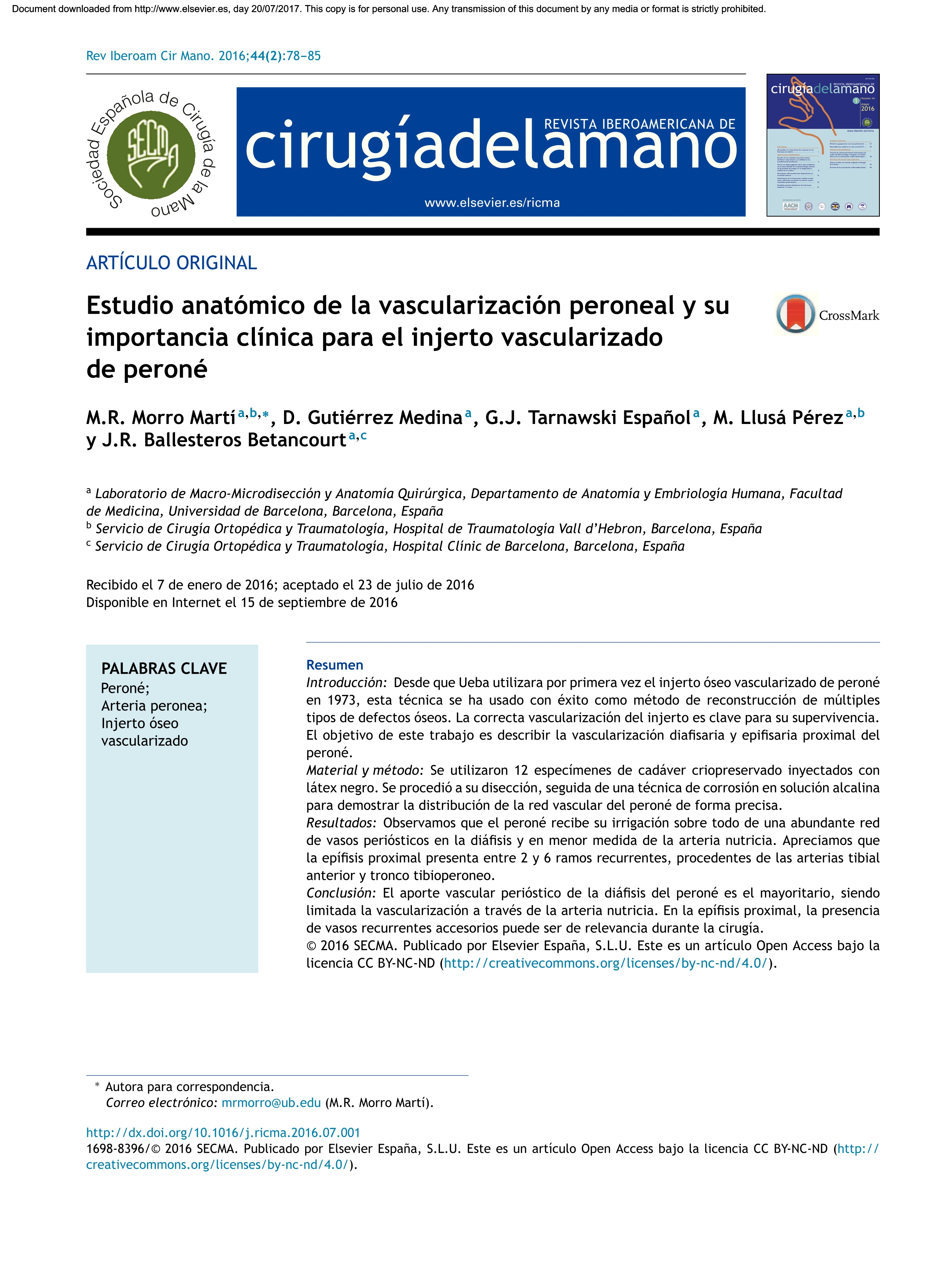 Estudio anatómico de la vascularización peroneal y su importancia clínica para el injerto vascularizado de peroné
