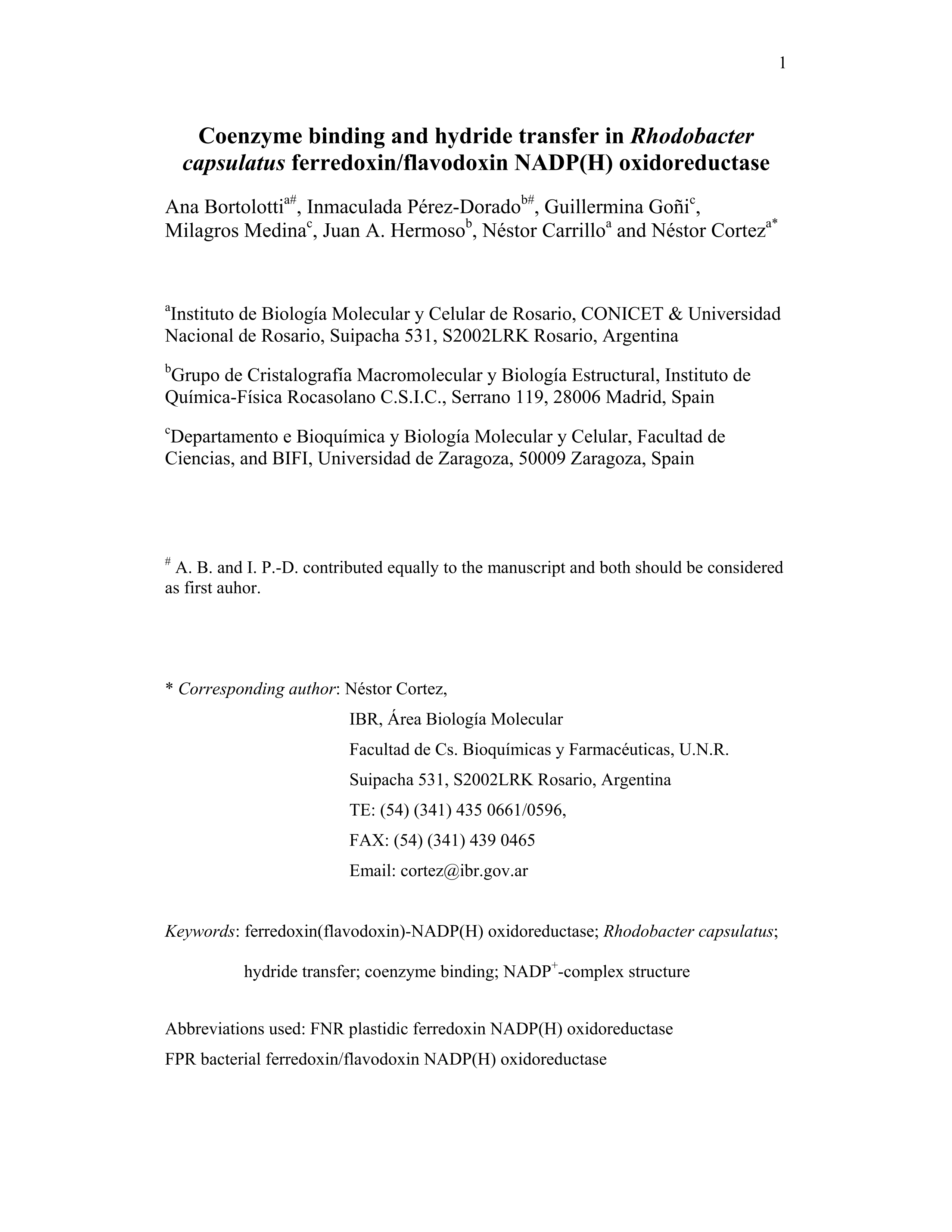 Coenzyme binding and hydride transfer in Rhodobacter capsulatus ferredoxin/flavodoxin NADP(H) oxidoreductase.