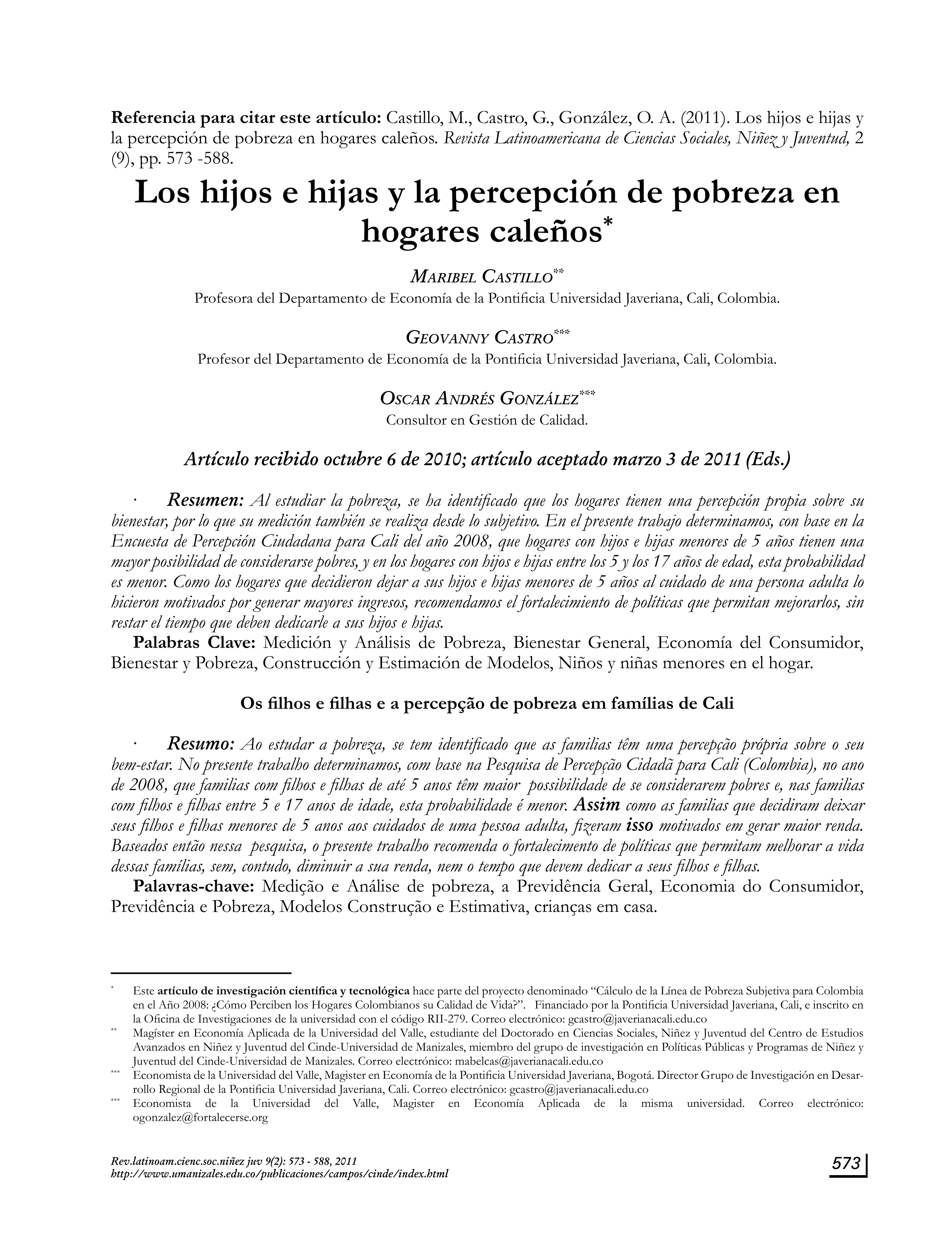 Los hijos e hijas y la percepción de pobreza en hogares caleños