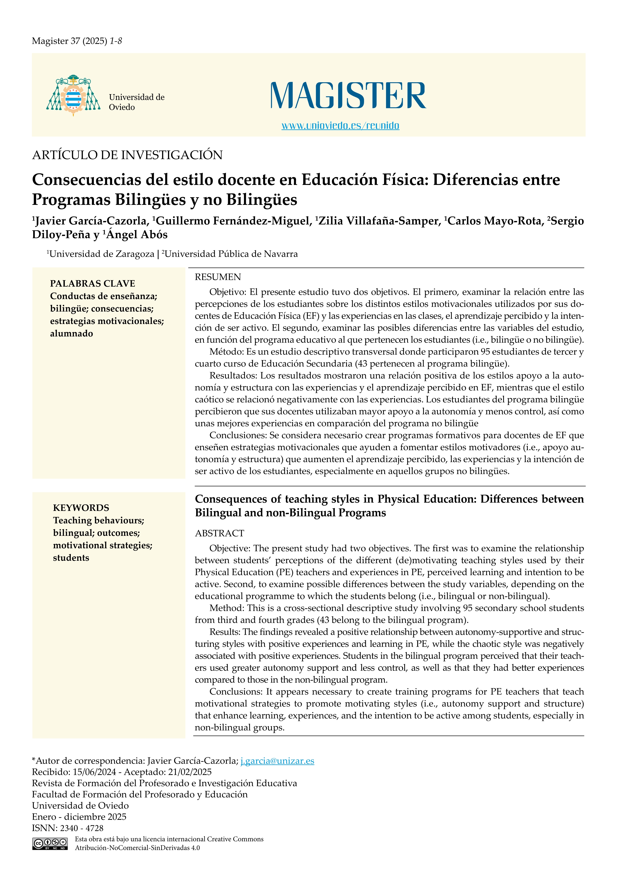 Consecuencias del estilo docente en Educación Física: Diferencias entre Programas Bilingües y no Bilingües