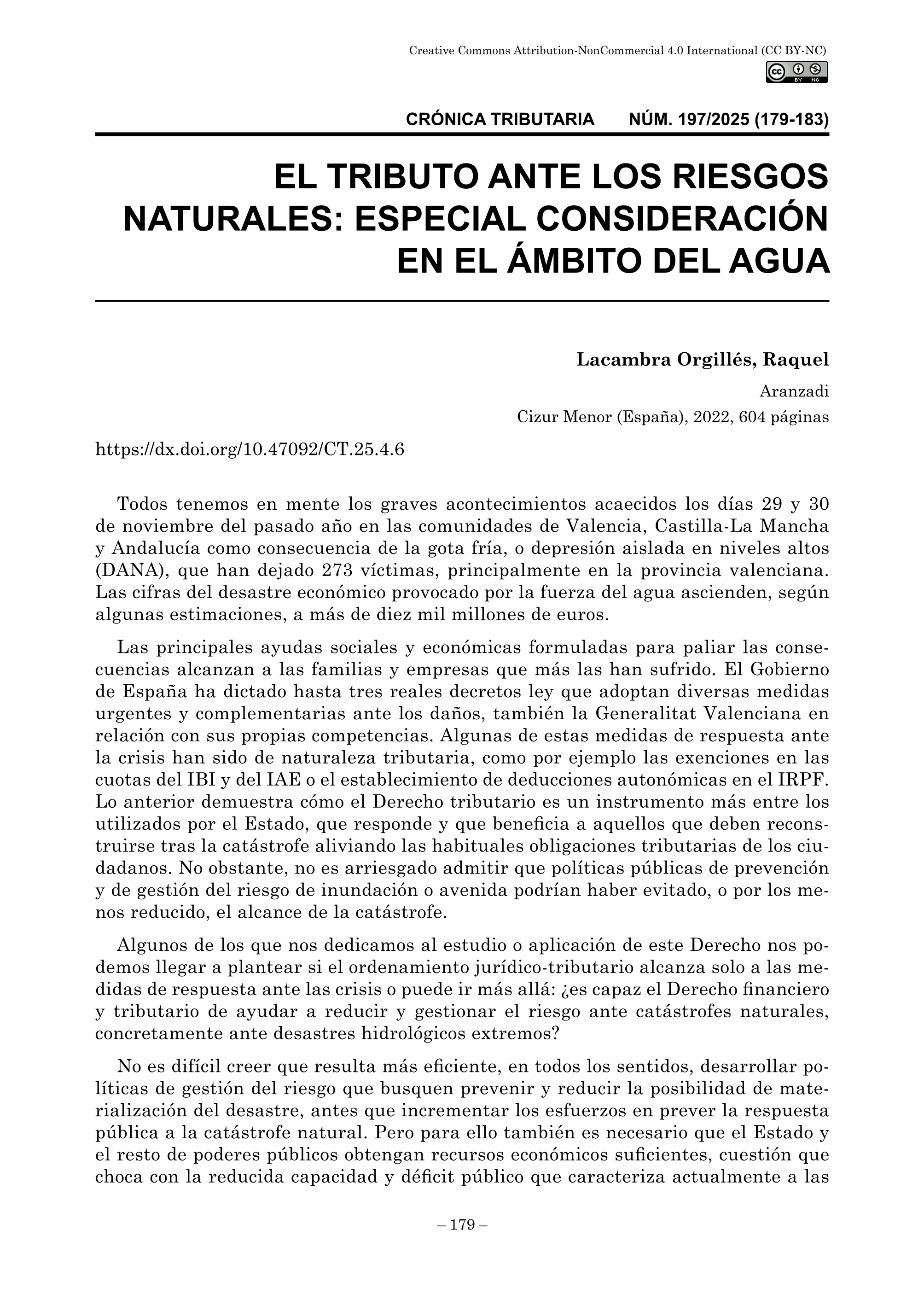 El tributo ante los riesgos naturales: especial consideración en el ámbito del agua de Lacambra Orgillés, Raquel