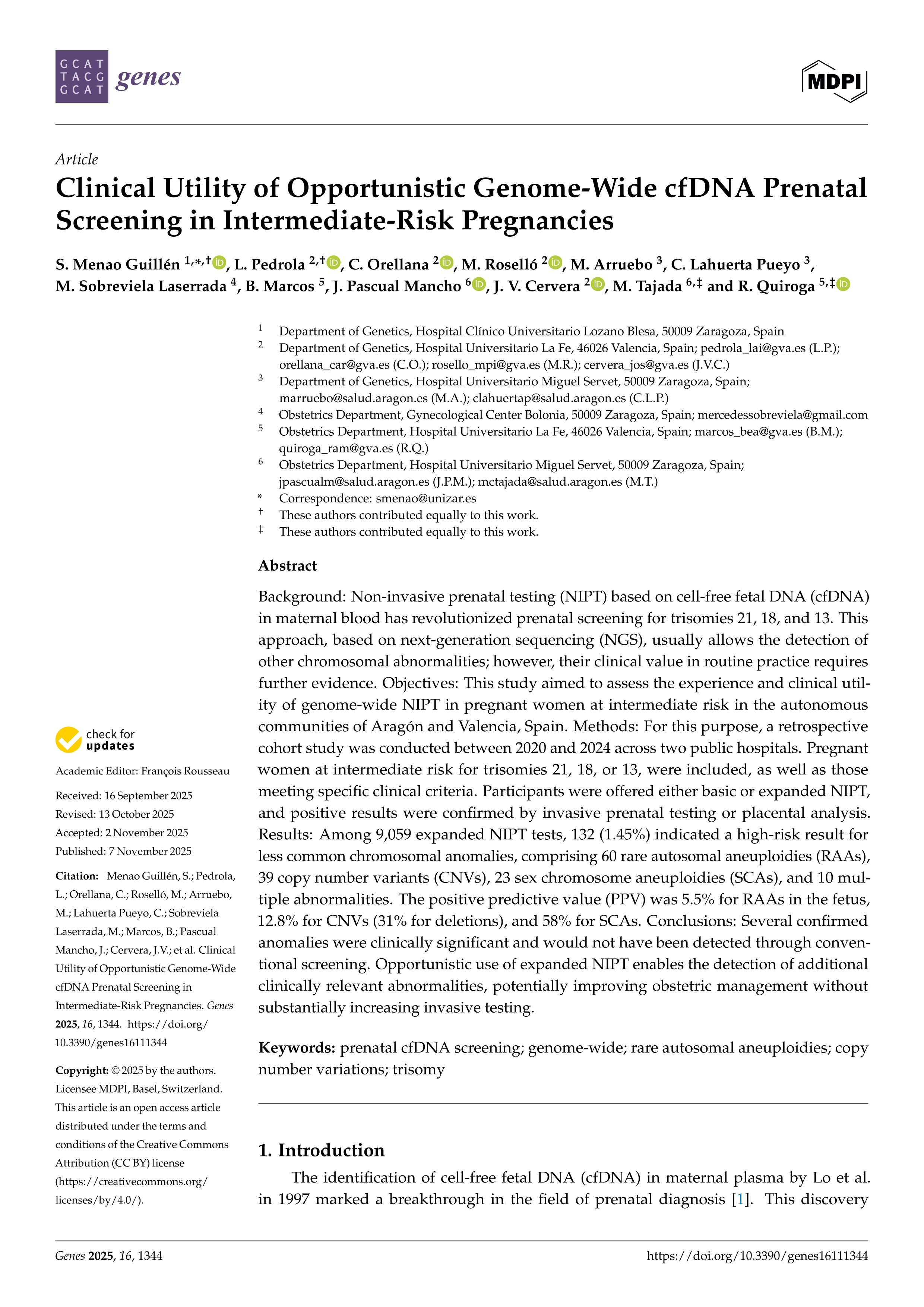 Clinical Utility of Opportunistic Genome-Wide cfDNA Prenatal Screening in Intermediate-Risk Pregnancies