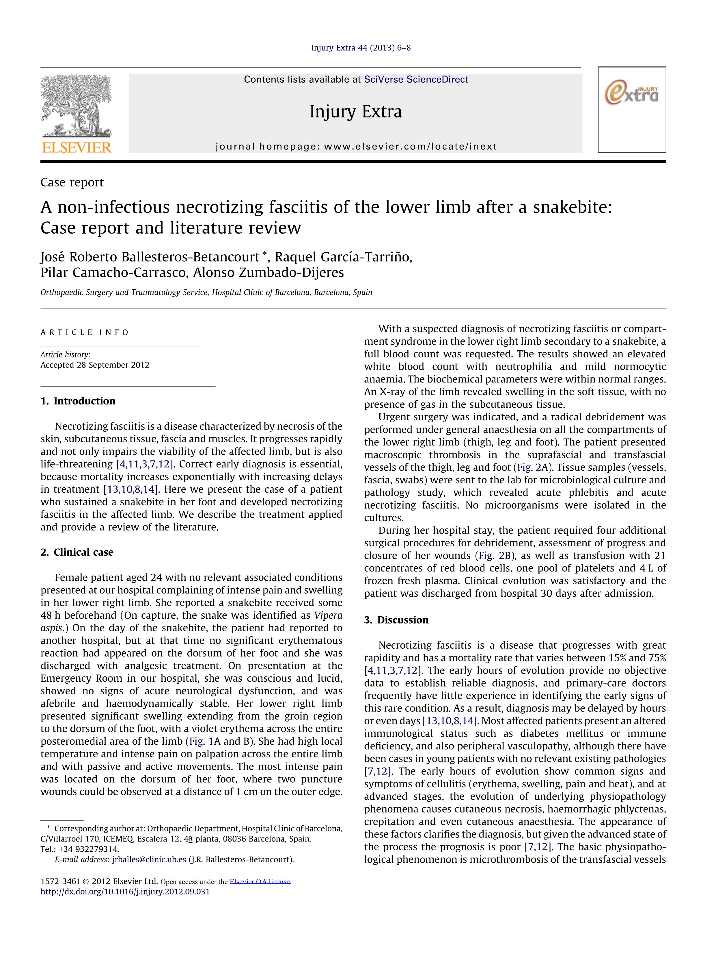 A non-infectious necrotizing fasciitis of the lower limb after a snakebite: Case report and literature review