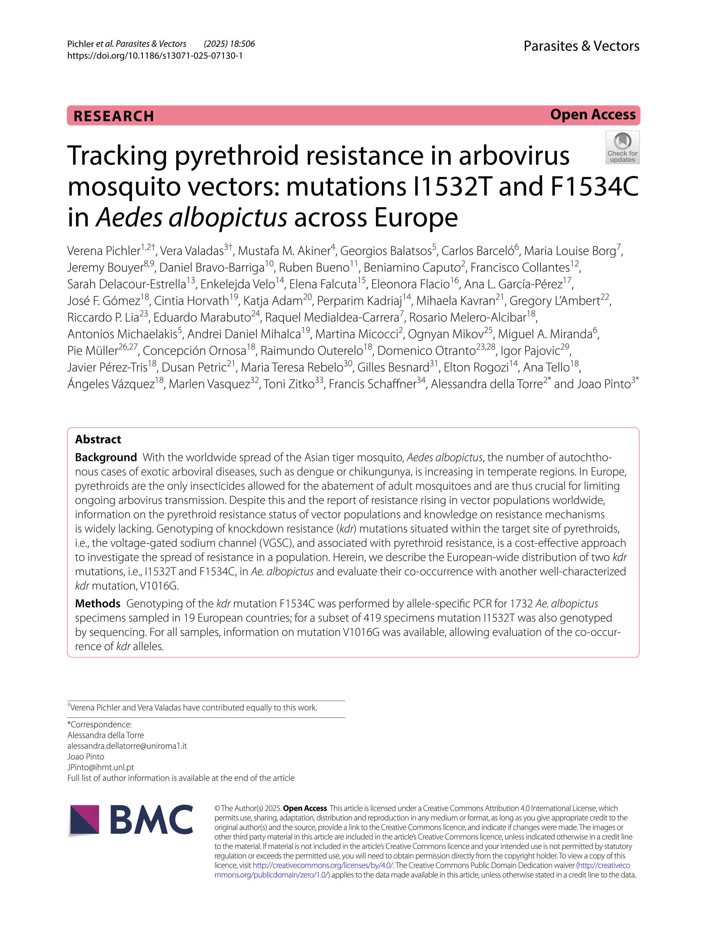 Tracking pyrethroid resistance in arbovirus mosquito vectors: mutations I1532T and F1534C in Aedes albopictus across Europe