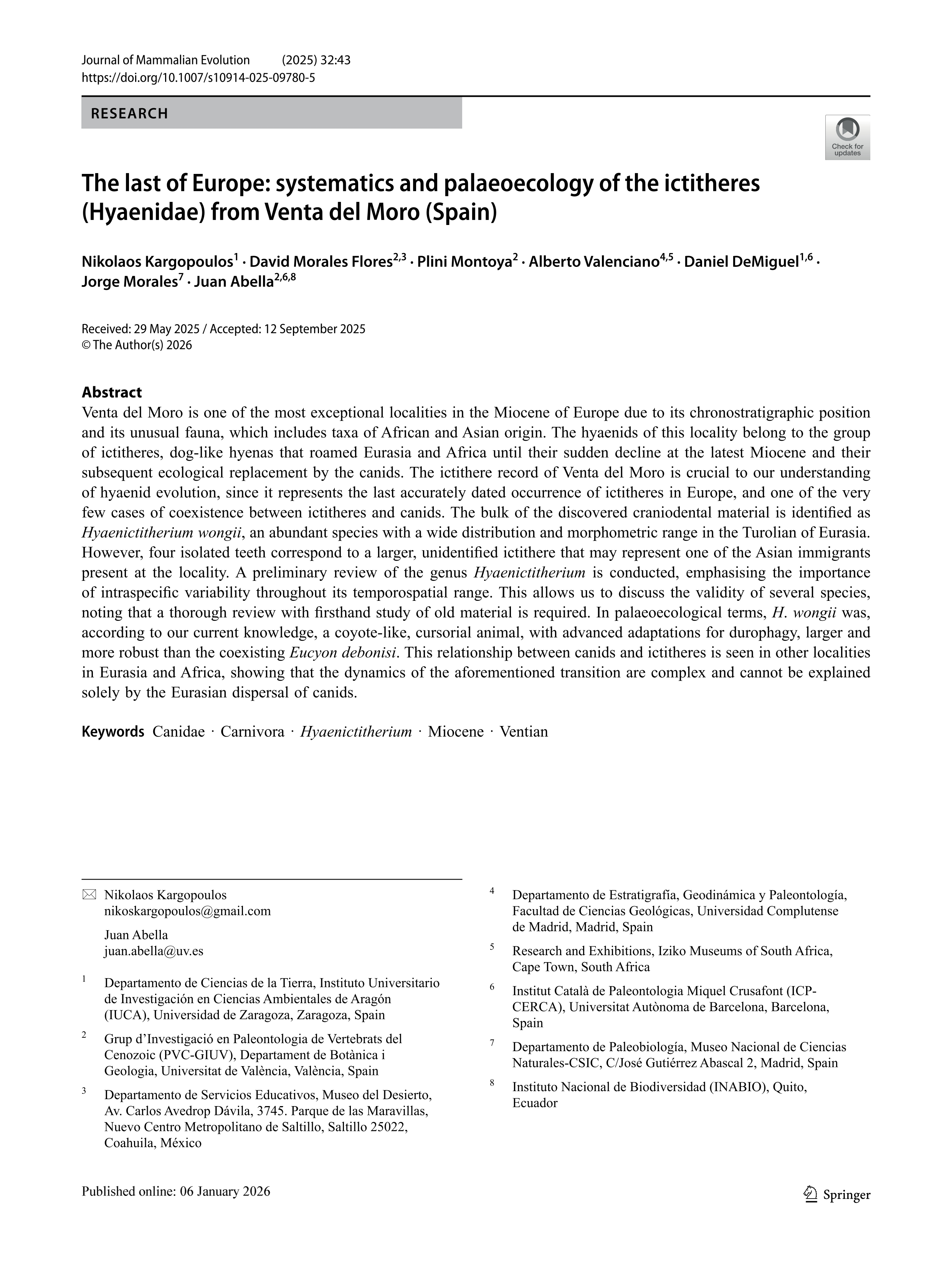 The last of Europe: systematics and palaeoecology of the ictitheres (Hyaenidae) from Venta del Moro (Spain)