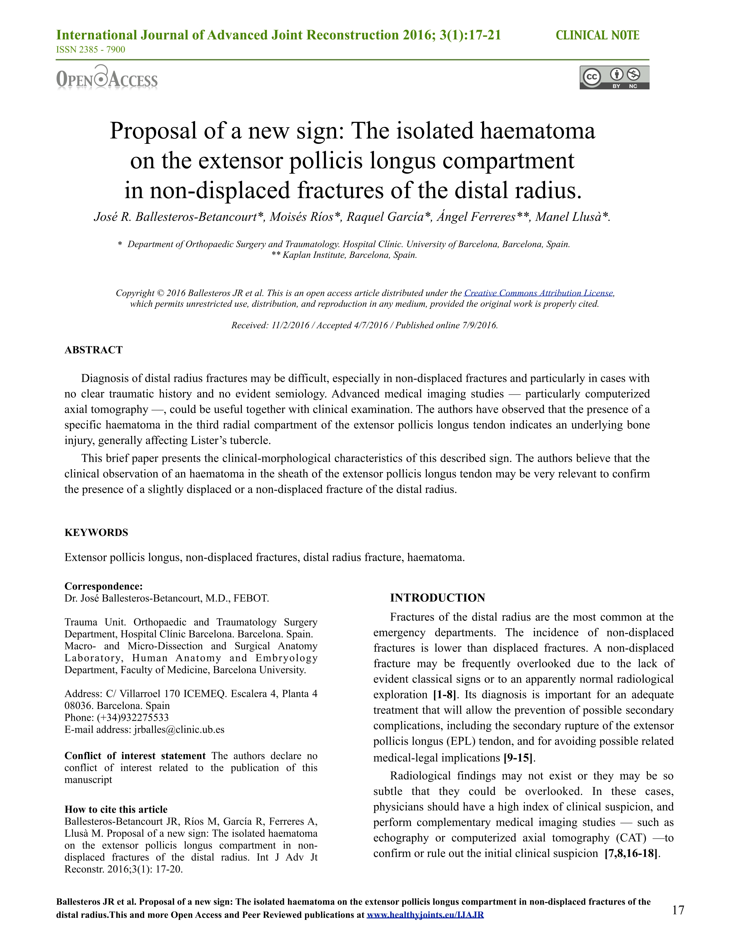 Proposal of a new sign: The isolated haematoma on the extensor pollicis longus compartment in non-displaced fractures of the distal radius.