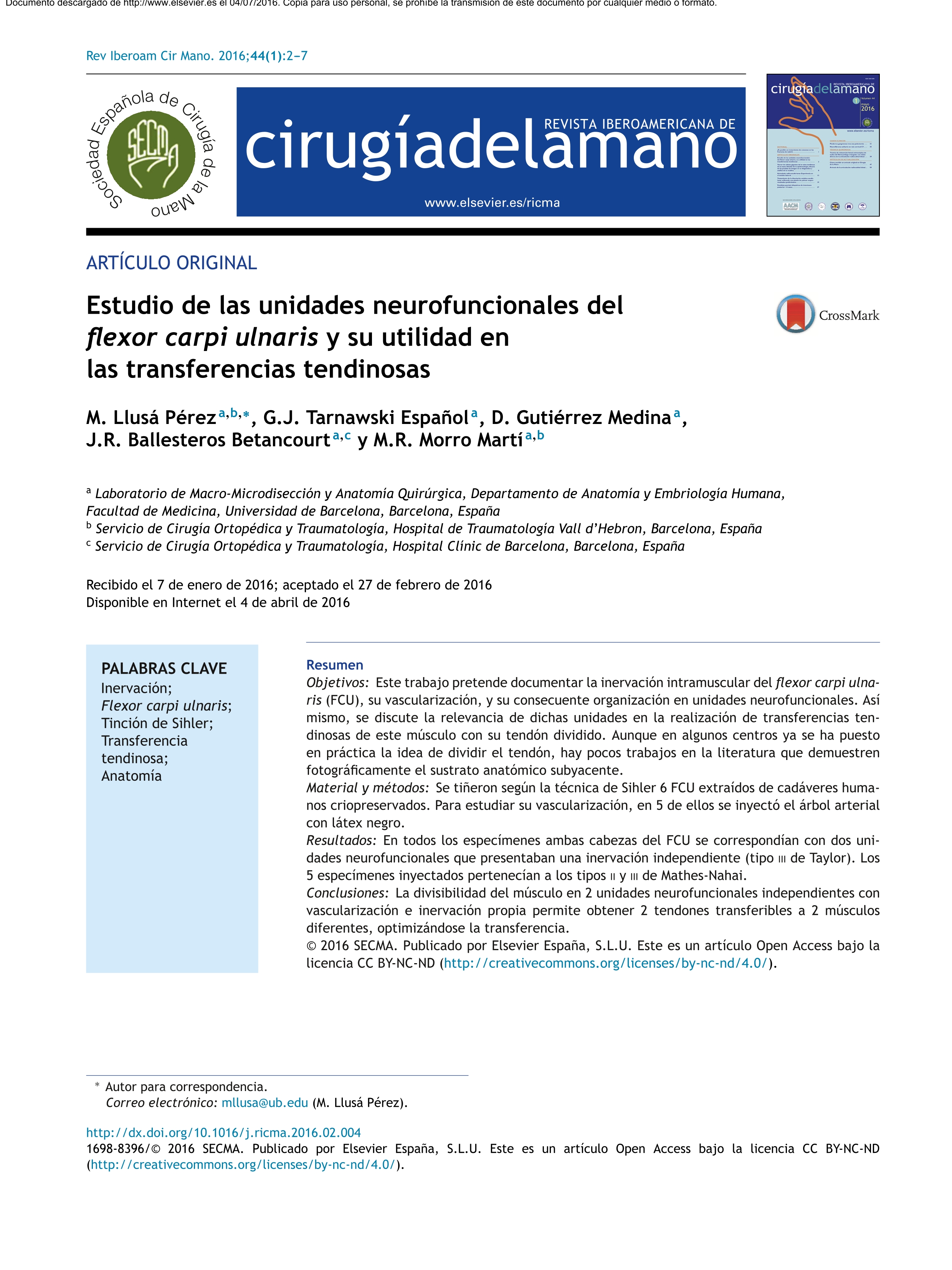 Estudio de las unidades neurofuncionales del flexor carpi ulnaris y su utilidad en las transferencias tendinosas