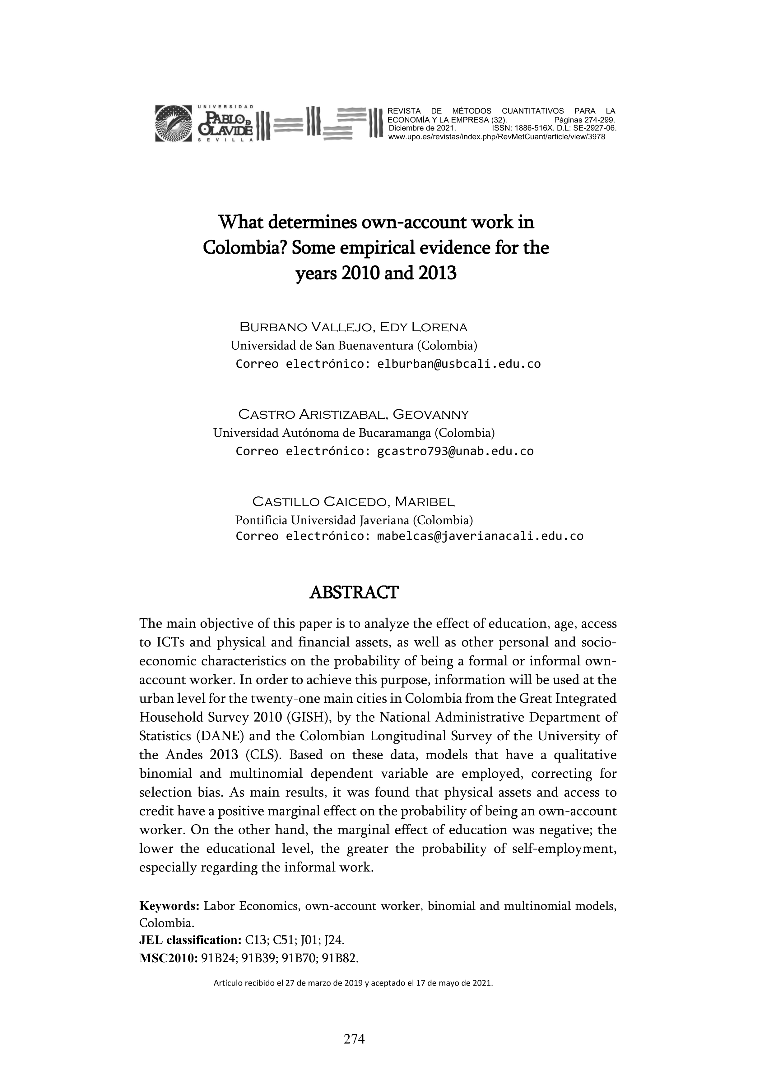 What determines own-account work in Colombia? Some empirical evidence for the years 2010 and 2013