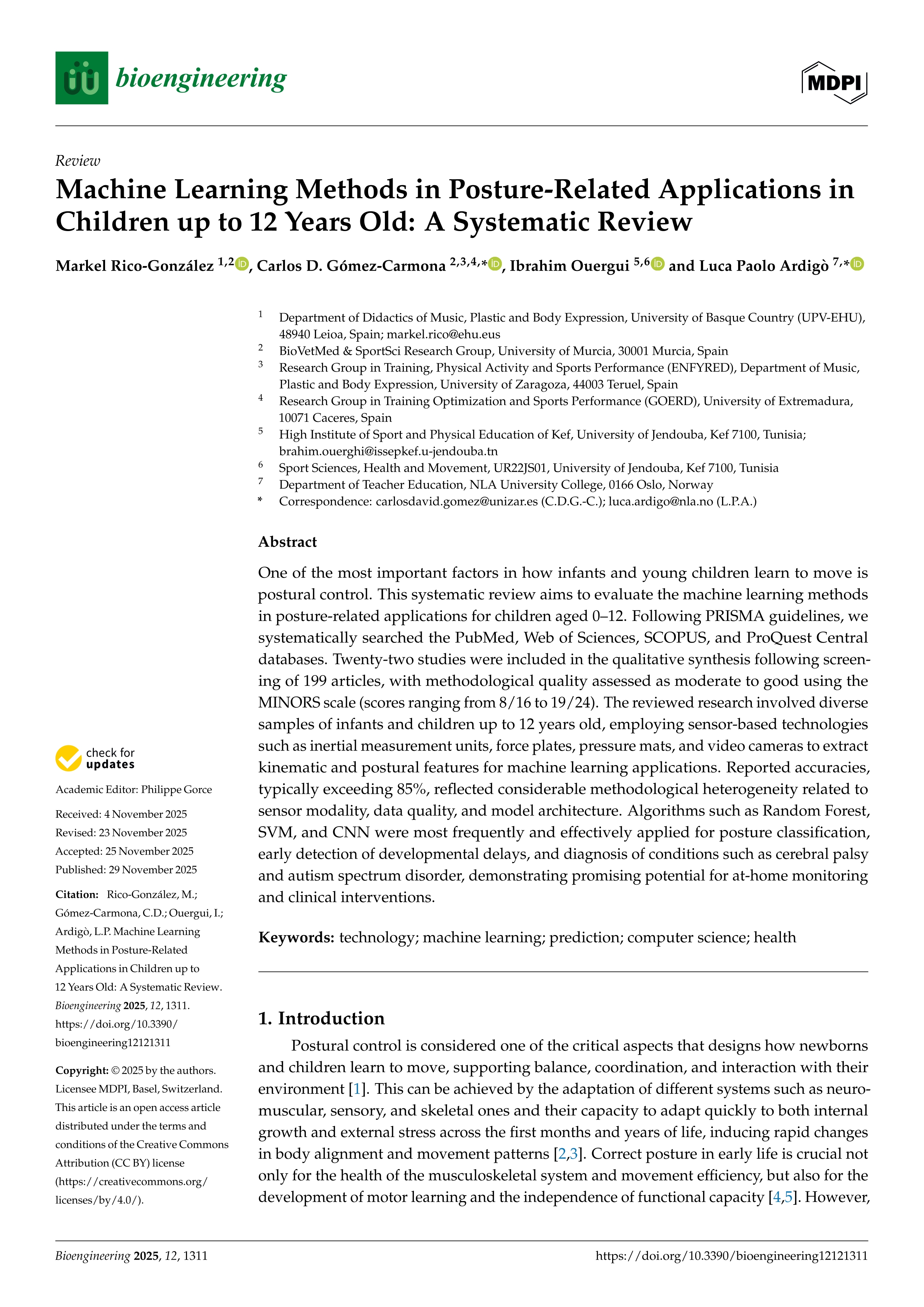 Machine learning methods in posture-related applications in children up to 12 years old: a systematic review