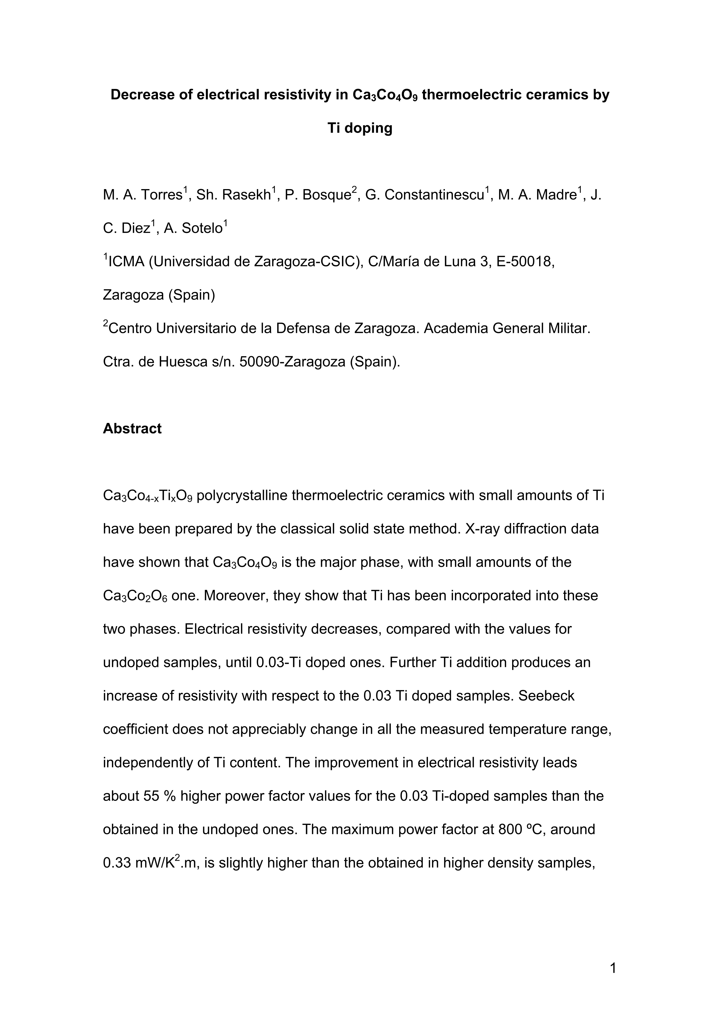 Decrease of electrical resistivity in Ca3Co4O9 thermoelectric ceramics by Ti doping