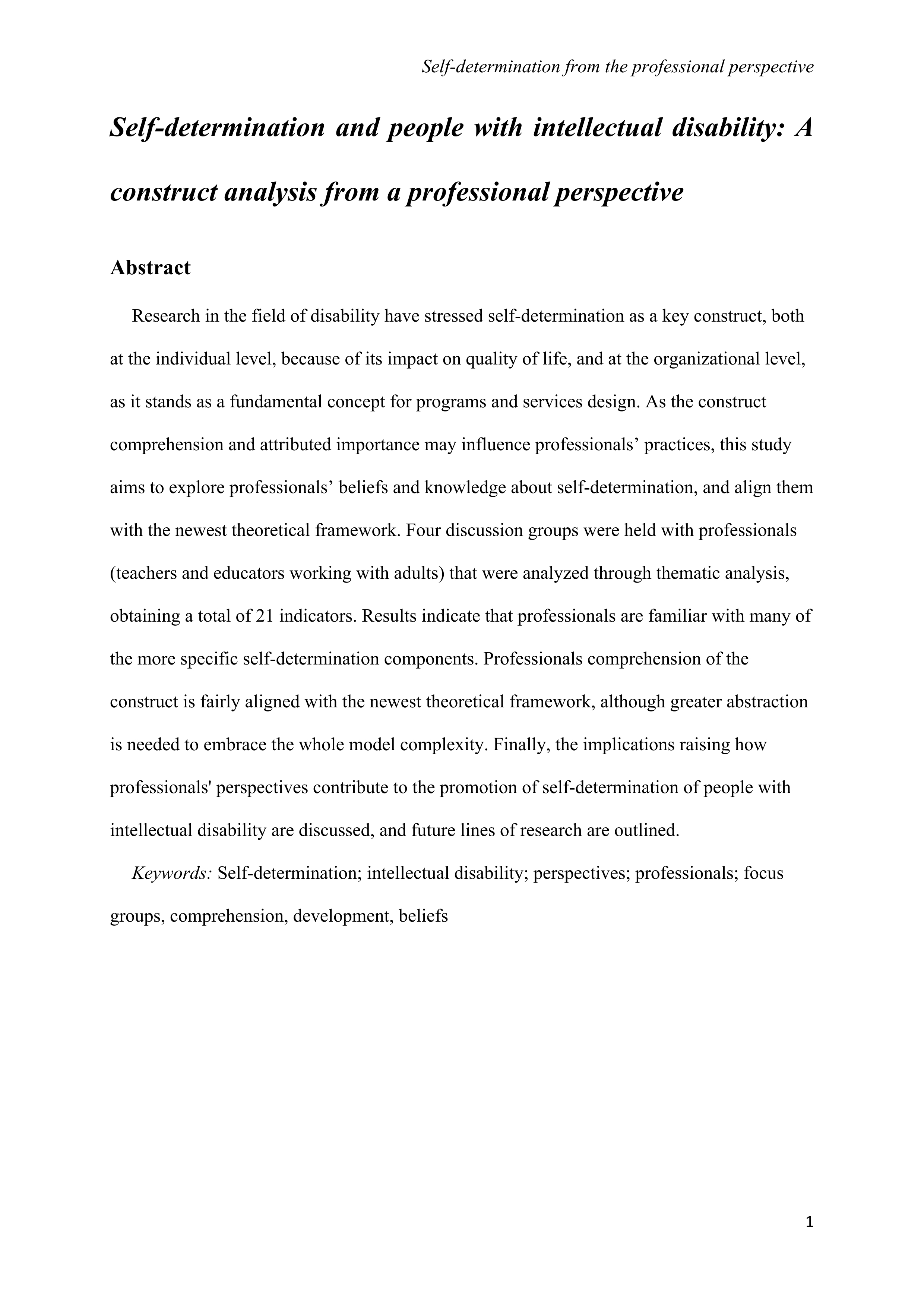Self-determination and people with intellectual disability: a construct analysis from a professional perspective