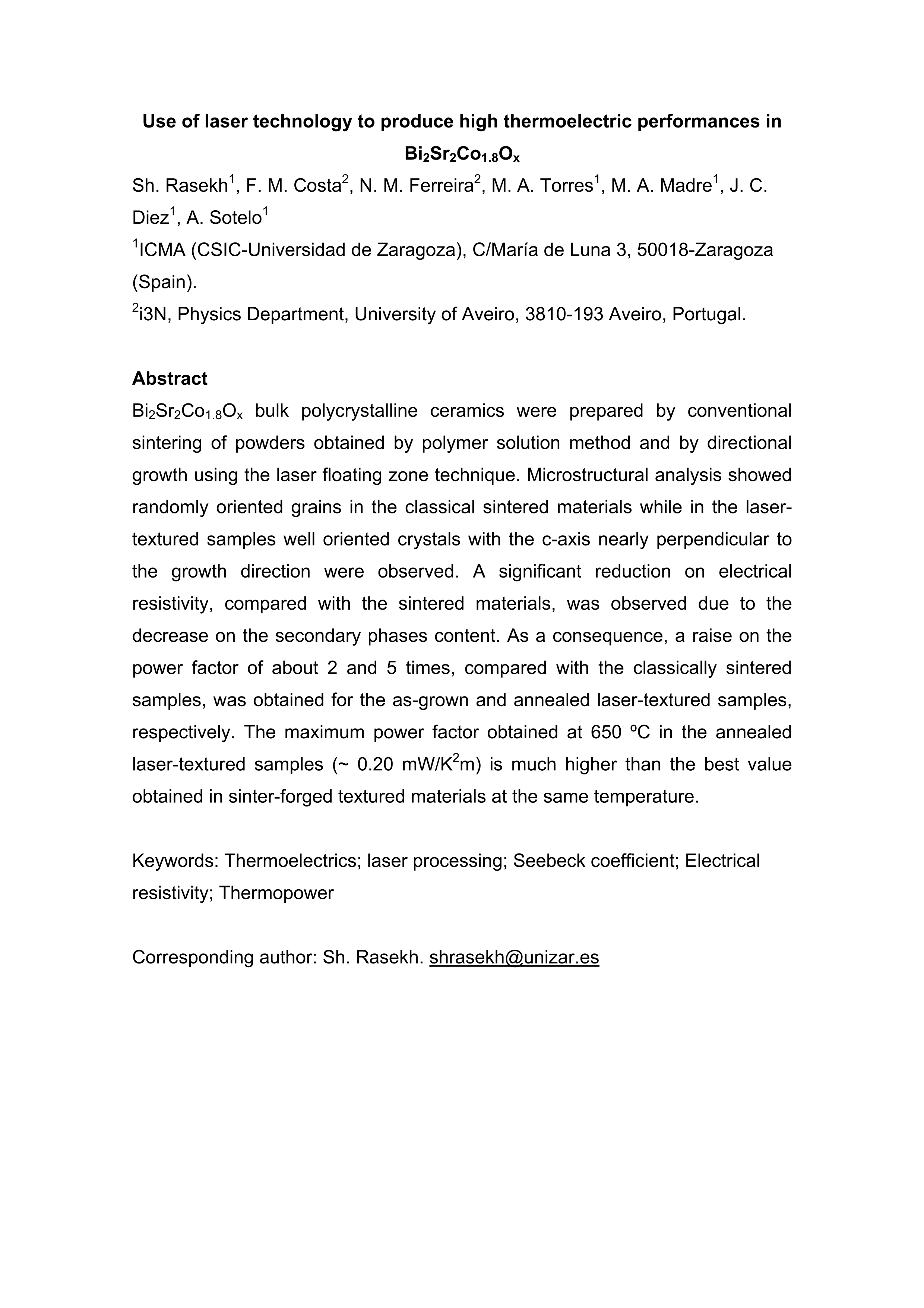 Use of laser technology to produce high thermoelectric performances in Bi2Sr2Co1.8Ox