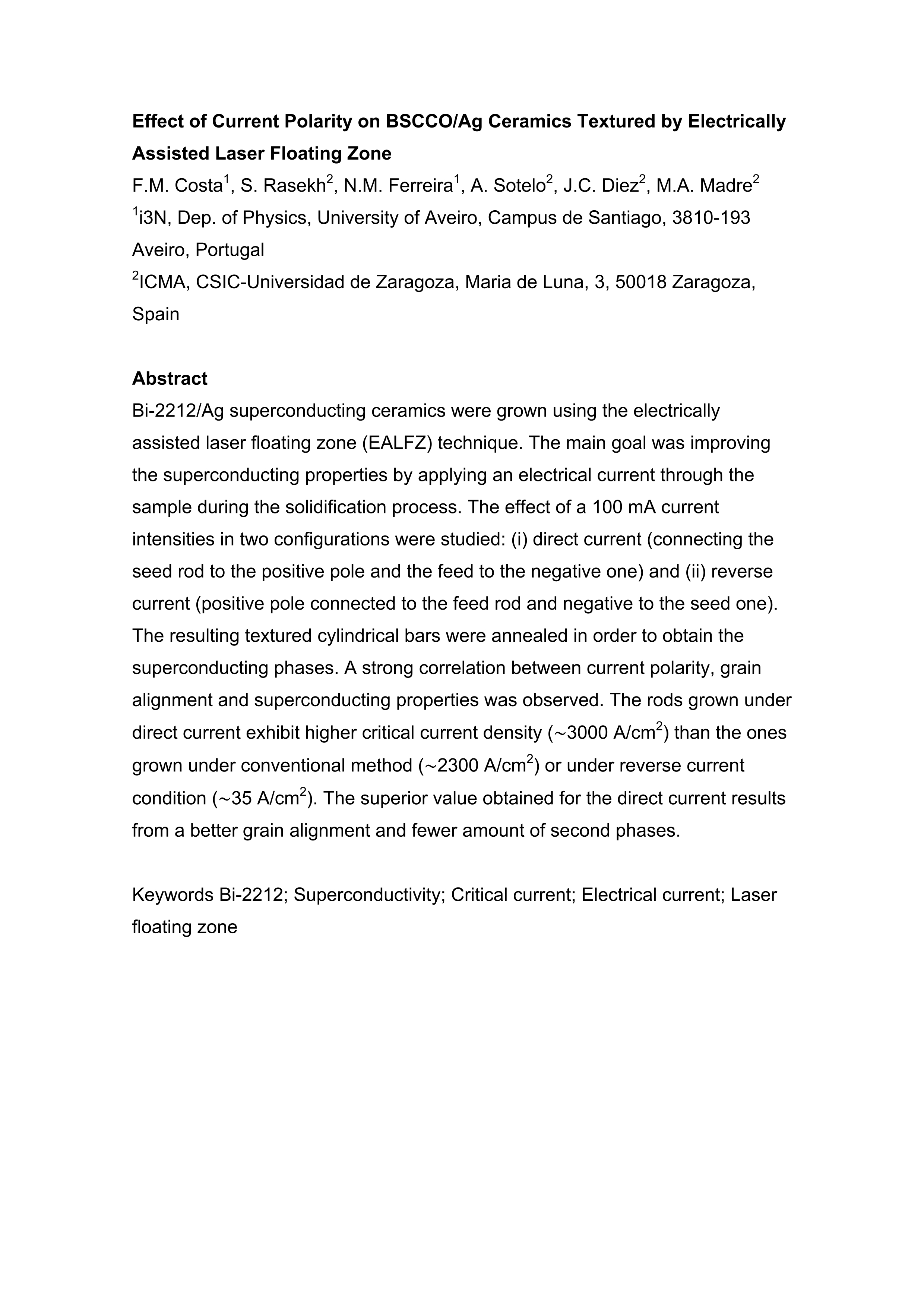 Effect of current polarity on BSCCO/Ag ceramics textured by electrically assisted laser floating zone