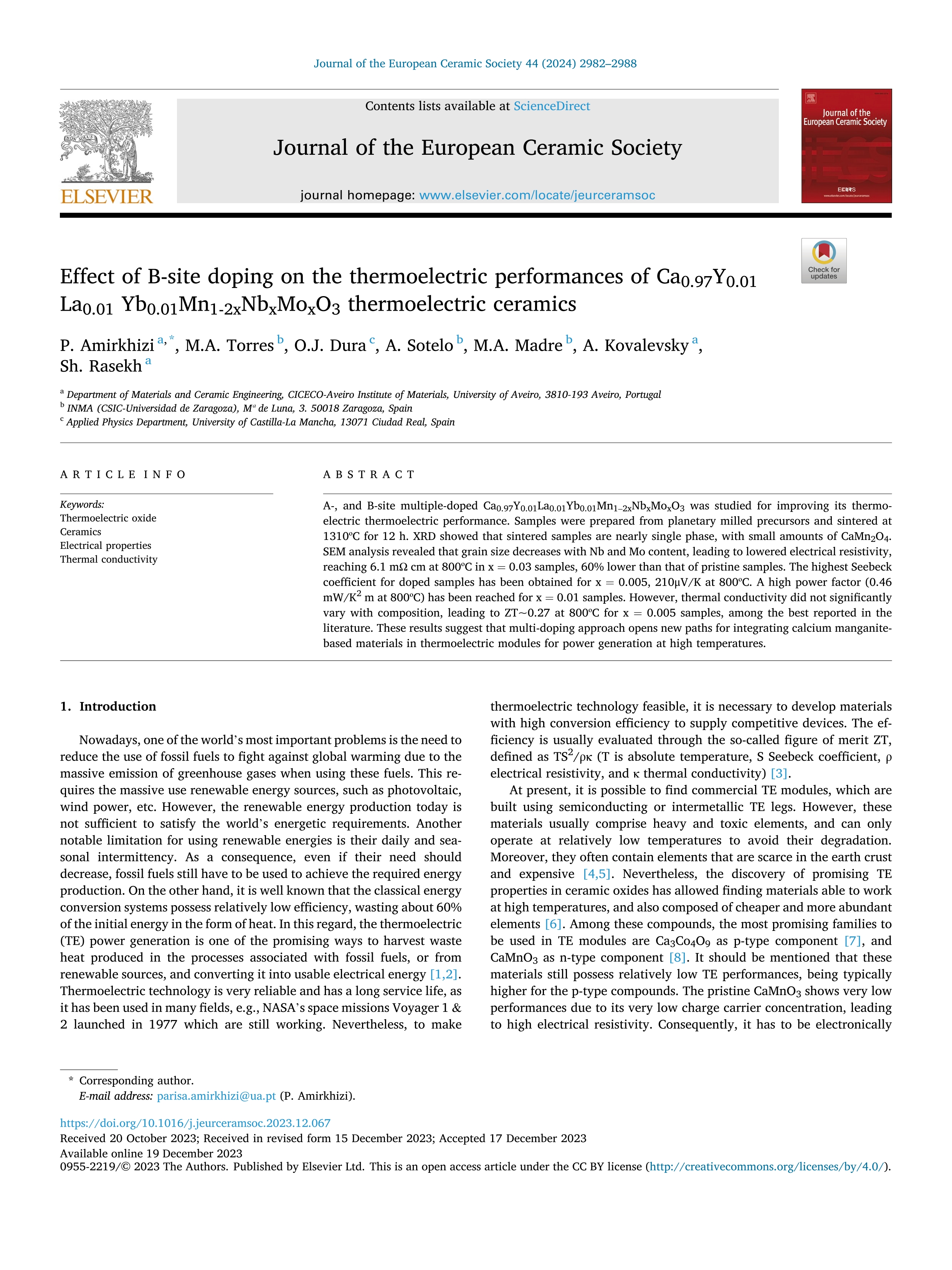 Effect of B-site doping on the thermoelectric performances of Ca0.97Y0.01 La0.01 Yb0.01Mn1-2xNbxMoxO3 thermoelectric ceramics