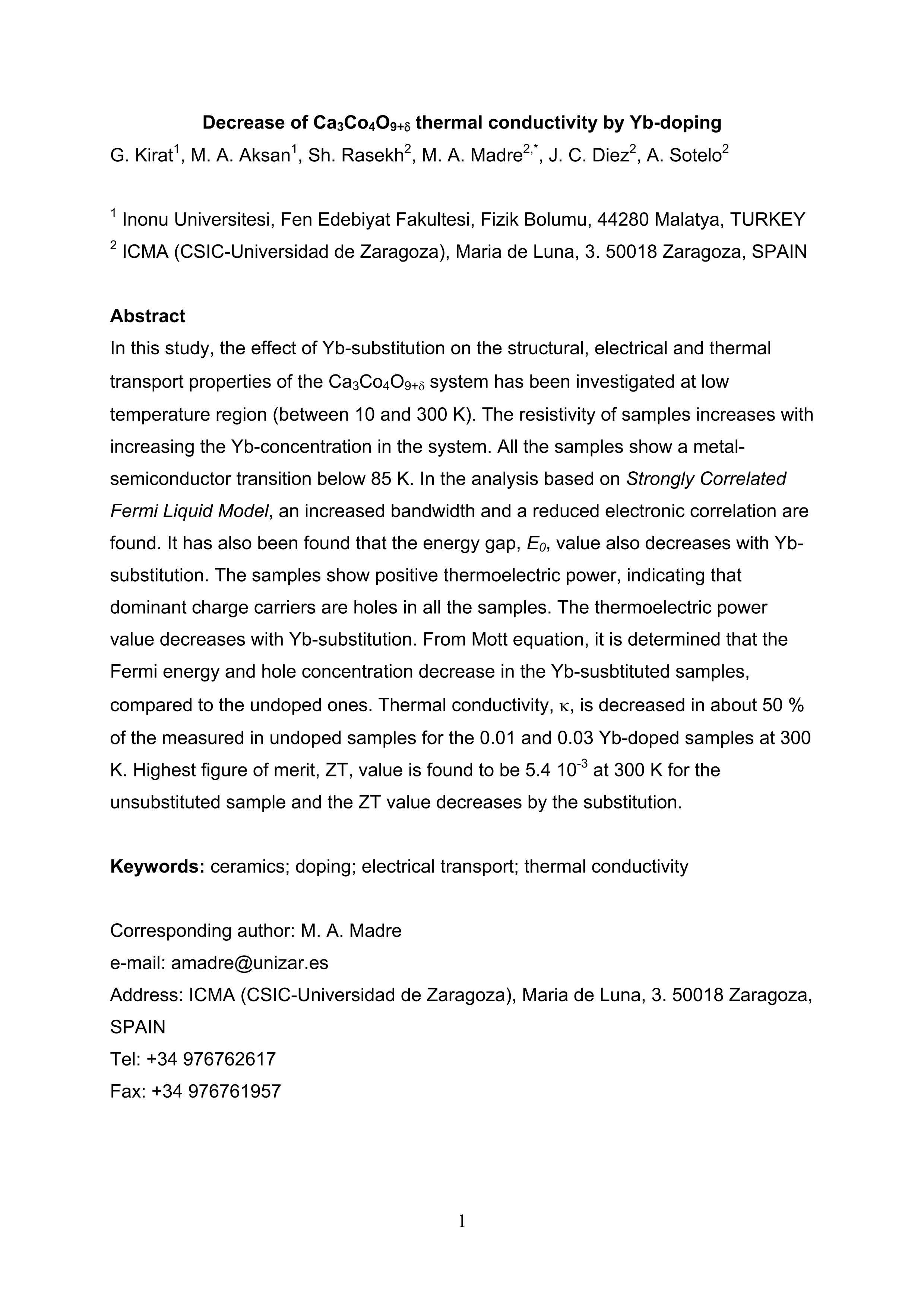 Decrease of Ca3Co4O9+δthermal conductivity by Yb-doping