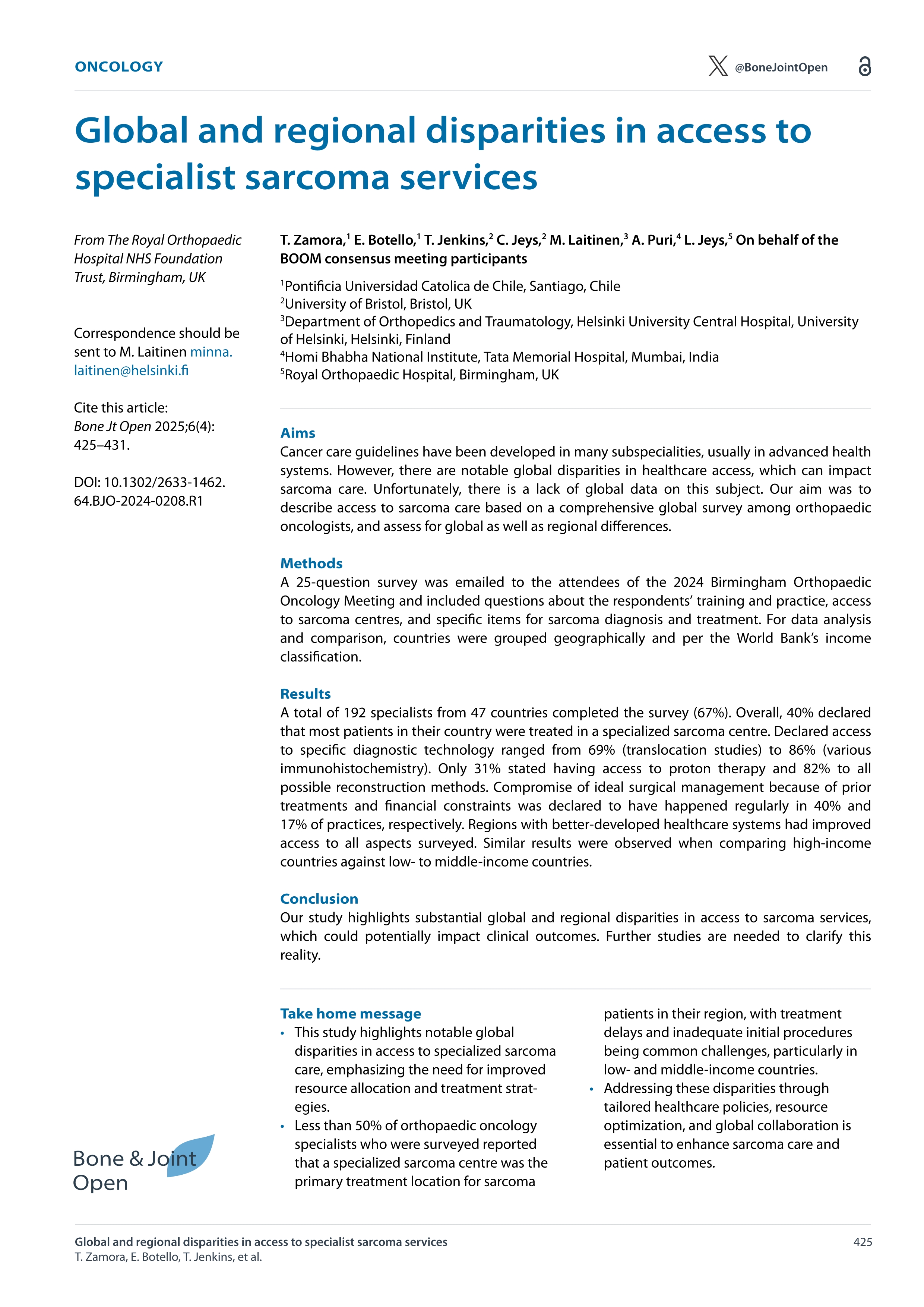 Global and regional disparities in access to specialist sarcoma services