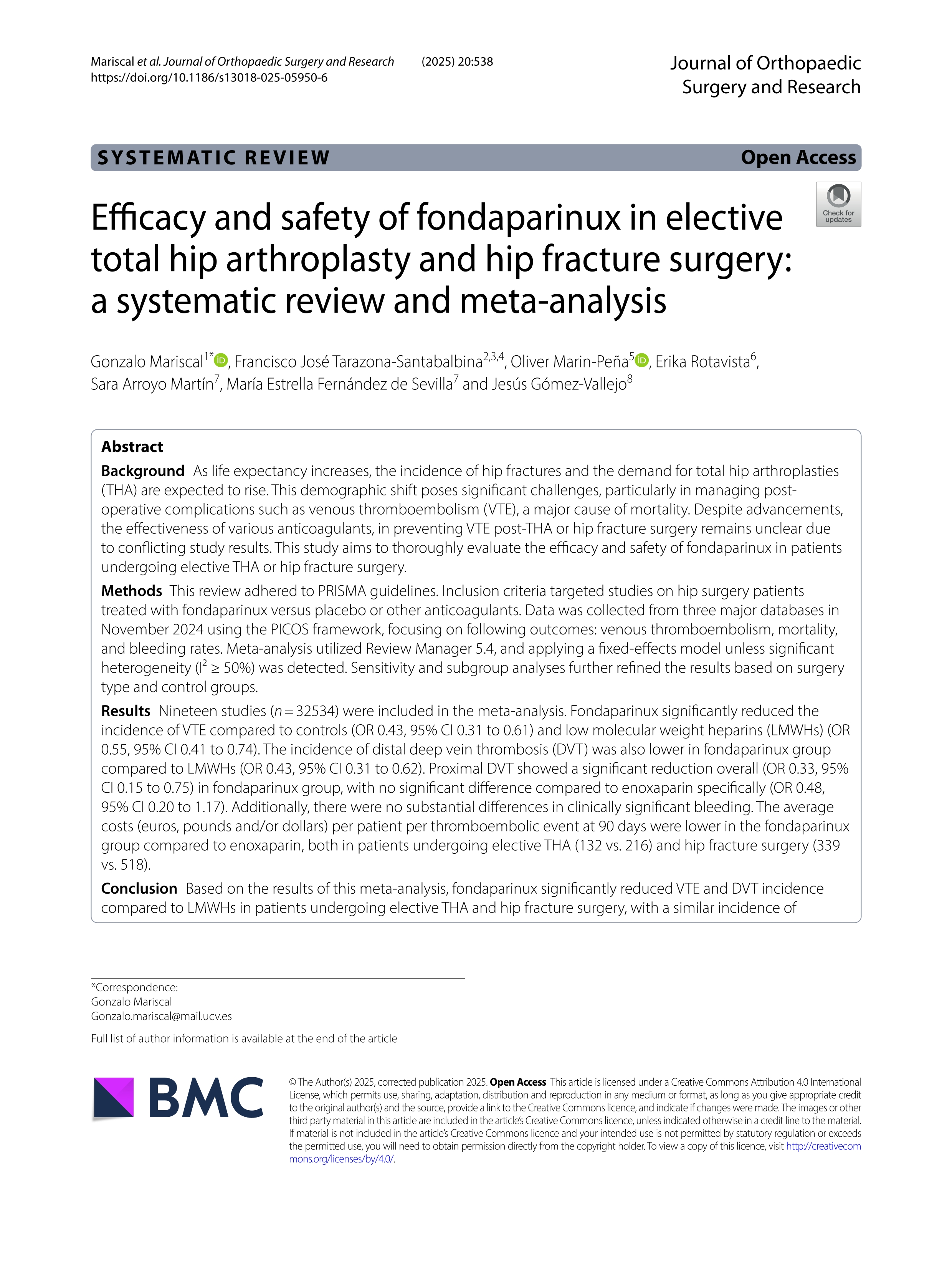 Efficacy and safety of fondaparinux in elective total hip arthroplasty and hip fracture surgery: a systematic review and meta-analysis