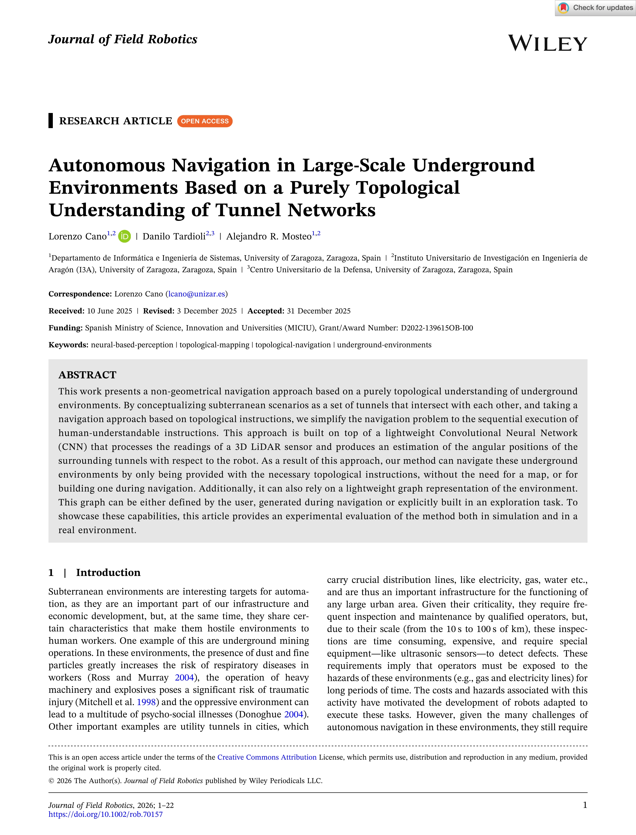 Autonomous navigation in large‐scale underground environments based on a purely topological understanding of tunnel networks