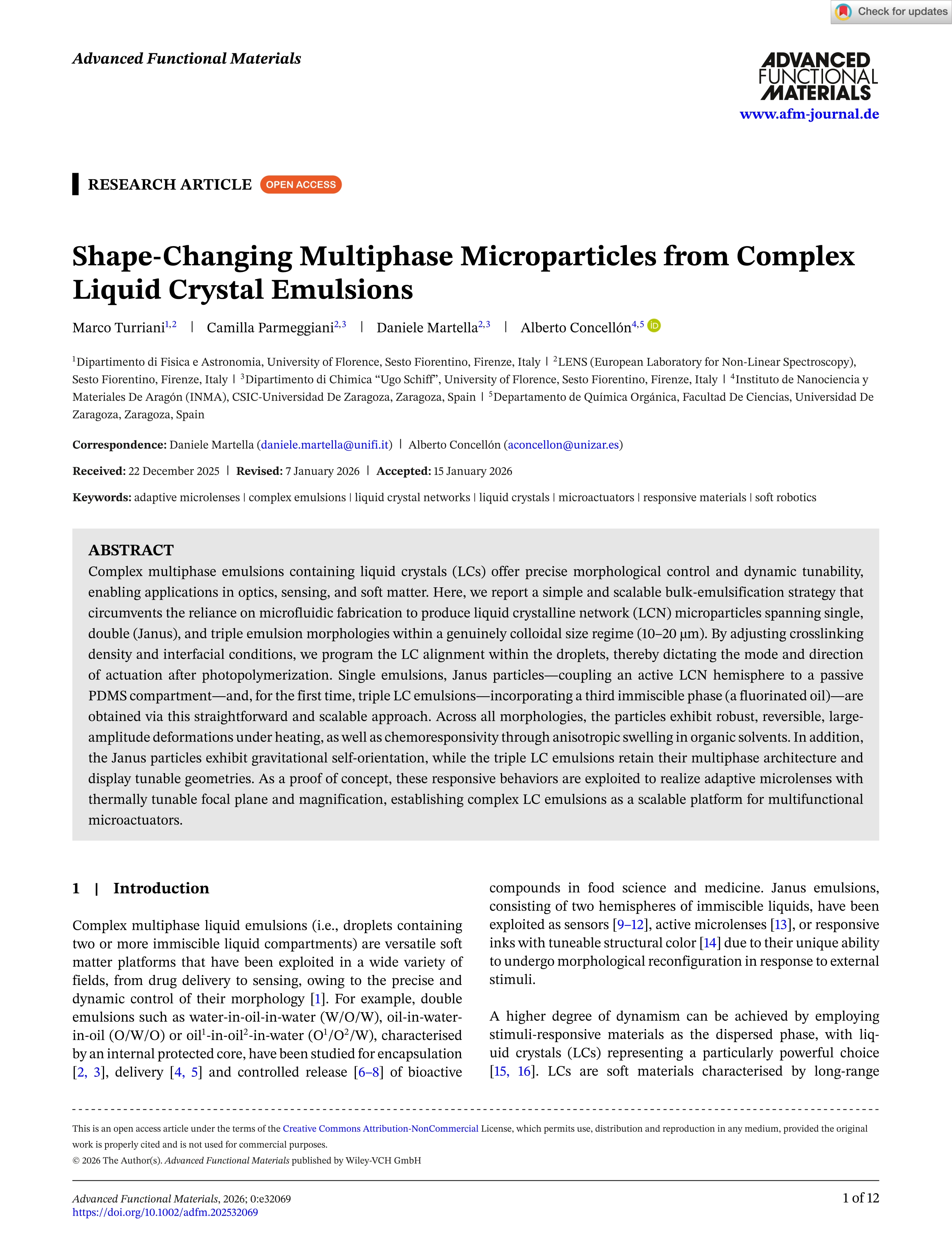 Shape‐changing multiphase microparticles from complex liquid crystal emulsions