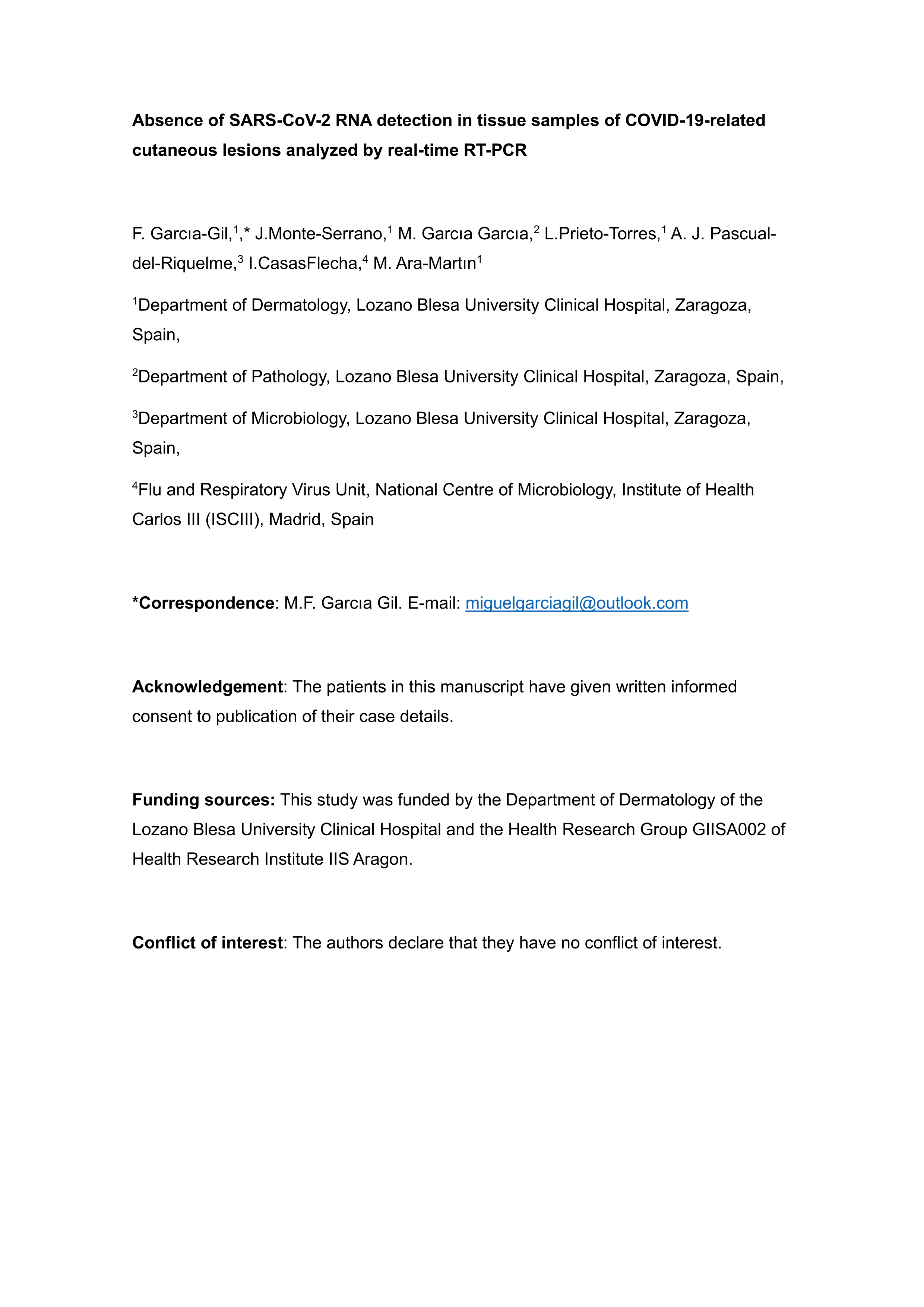 Absence of SARS-CoV-2 RNA detection in tissue samples of COVID-19-related cutaneous lesions analyzed by real-time RT-PCR