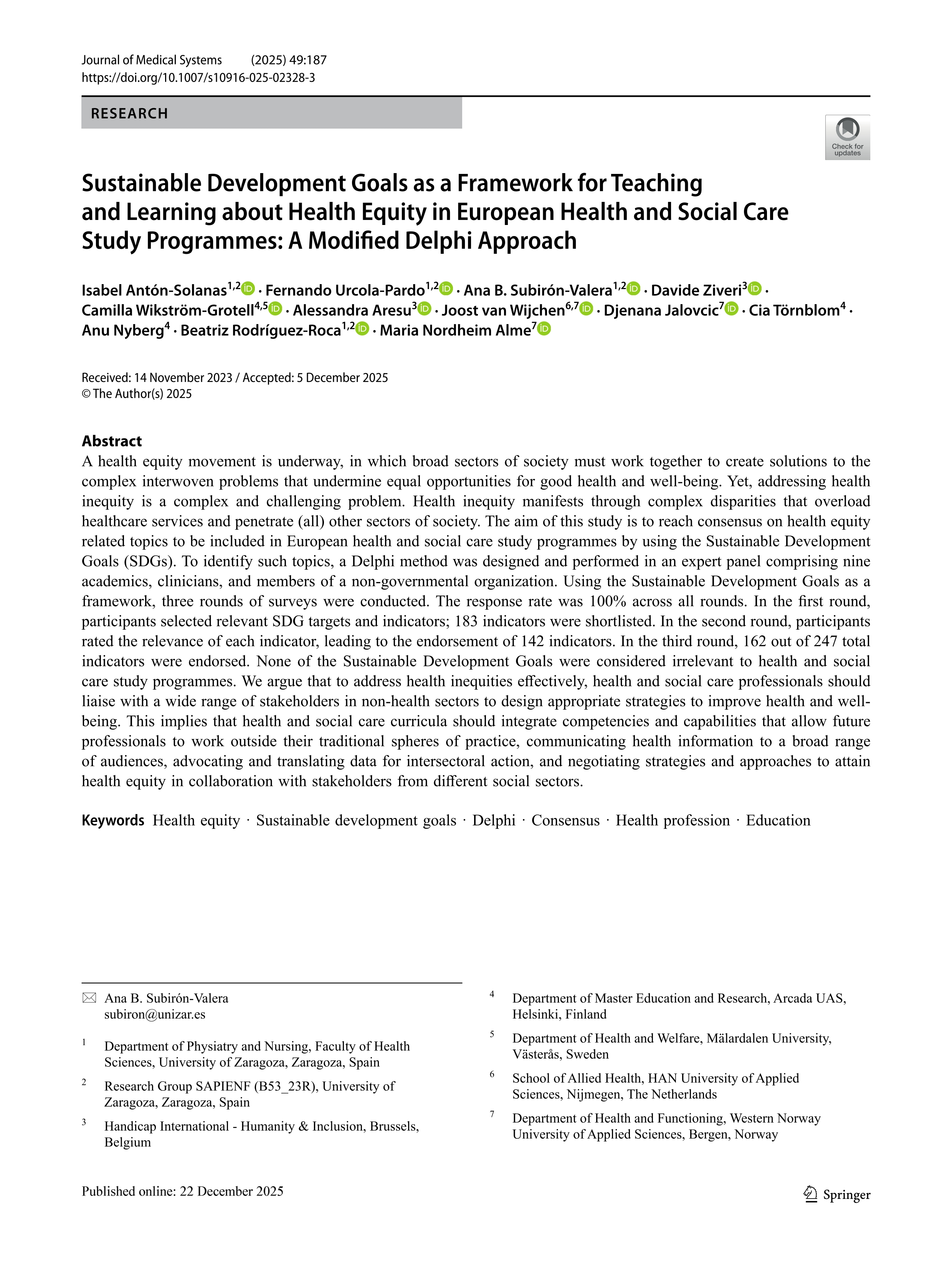 Sustainable Development Goals as a Framework for Teaching and Learning about Health Equity in European Health and Social Care Study Programmes: A Modified Delphi Approach