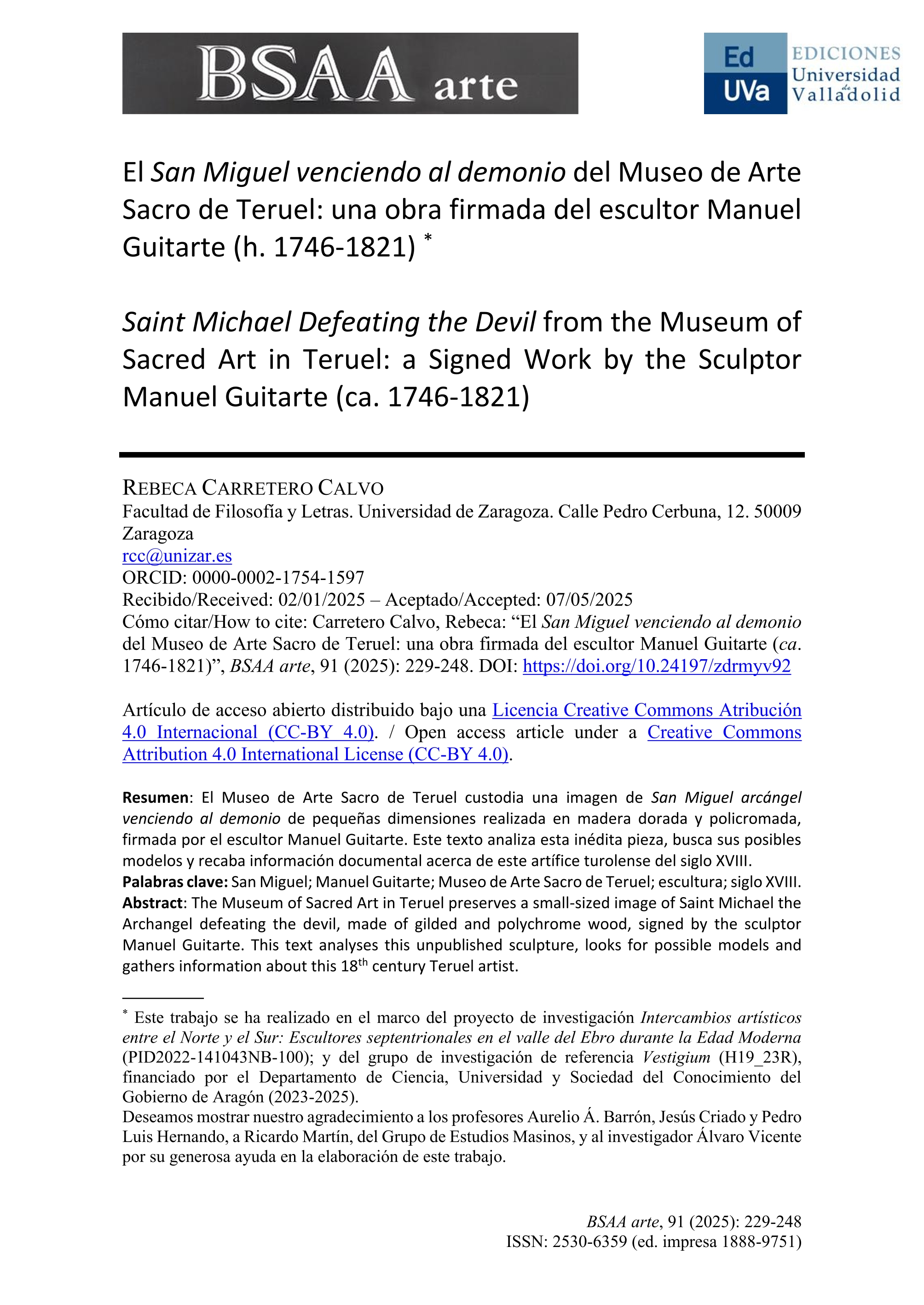 El San Miguel venciendo al demonio del Museo de Arte Sacro de Teruel: una obra firmada del escultor Manuel Guitarte (h. 1746-1821)