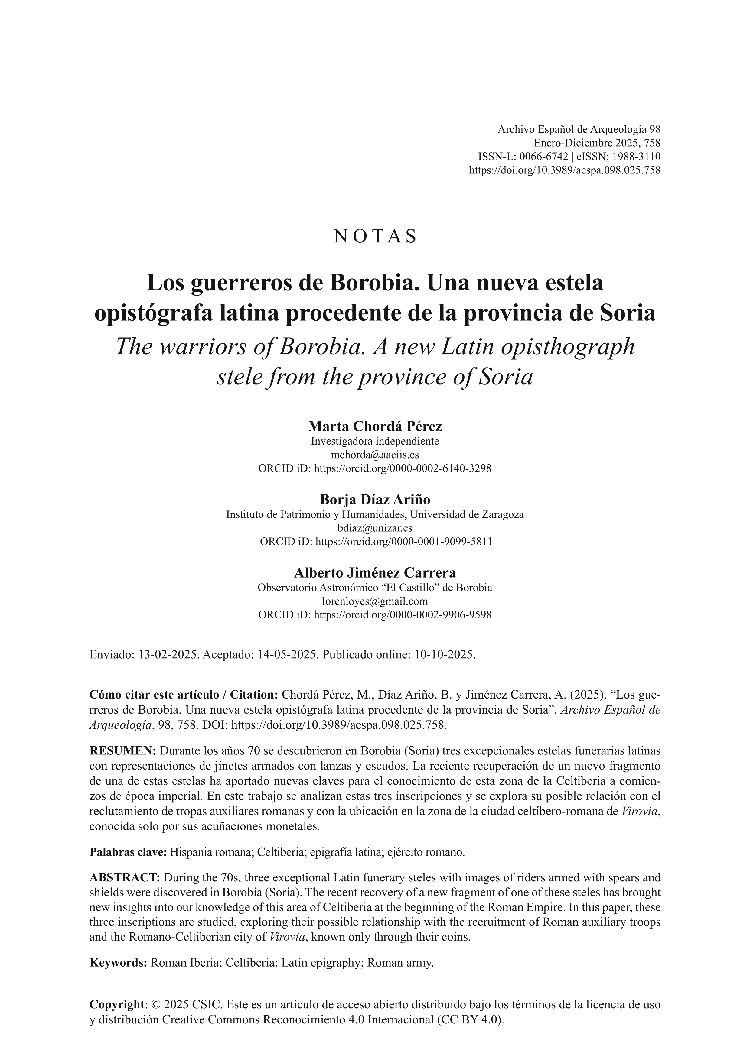 Los guerreros de Borobia. Una nueva estela opistógrafa latina procedente de la provincia de Soria