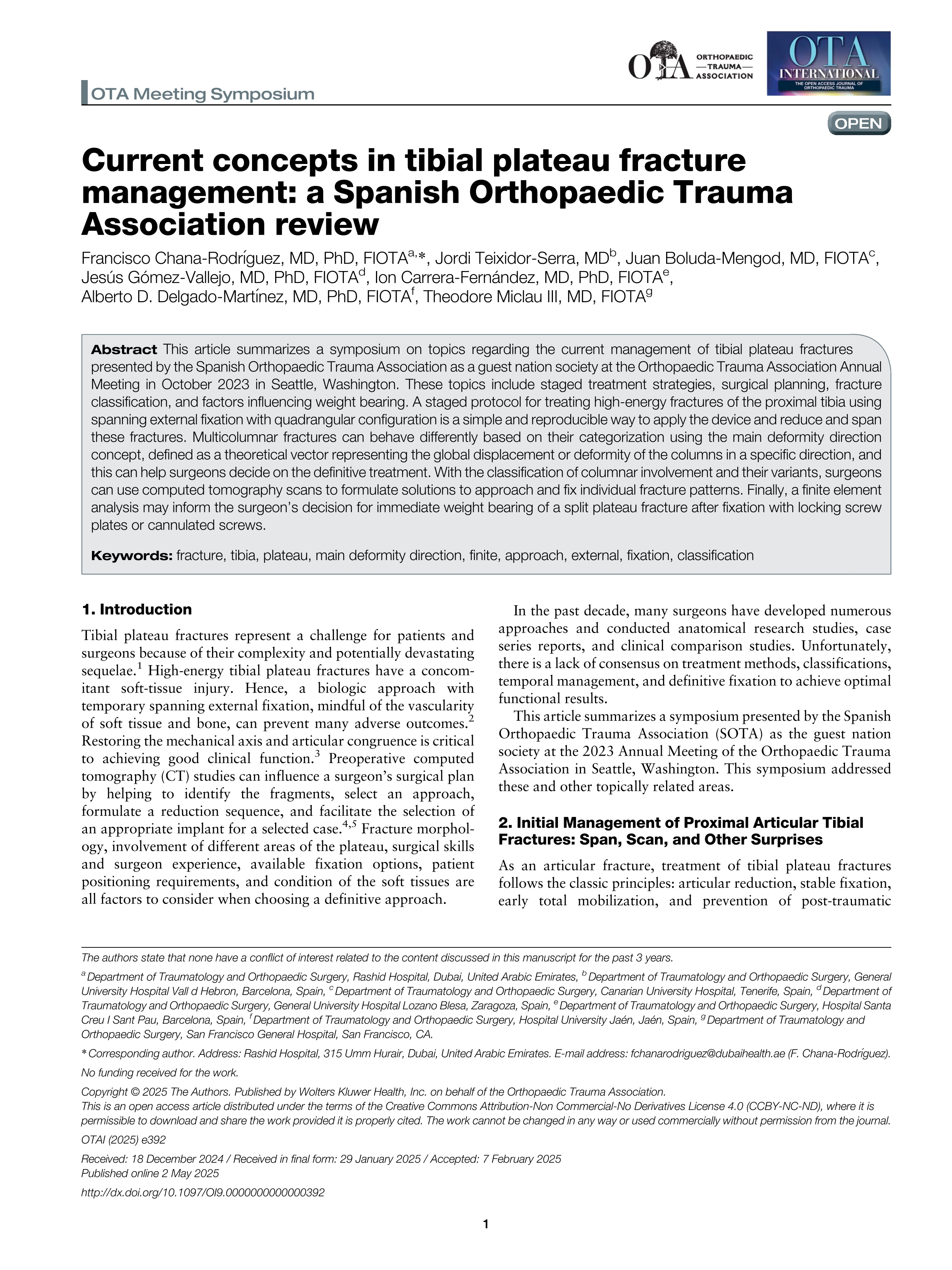 Current concepts in tibial plateau fracture management: a Spanish Orthopaedic Trauma Association review