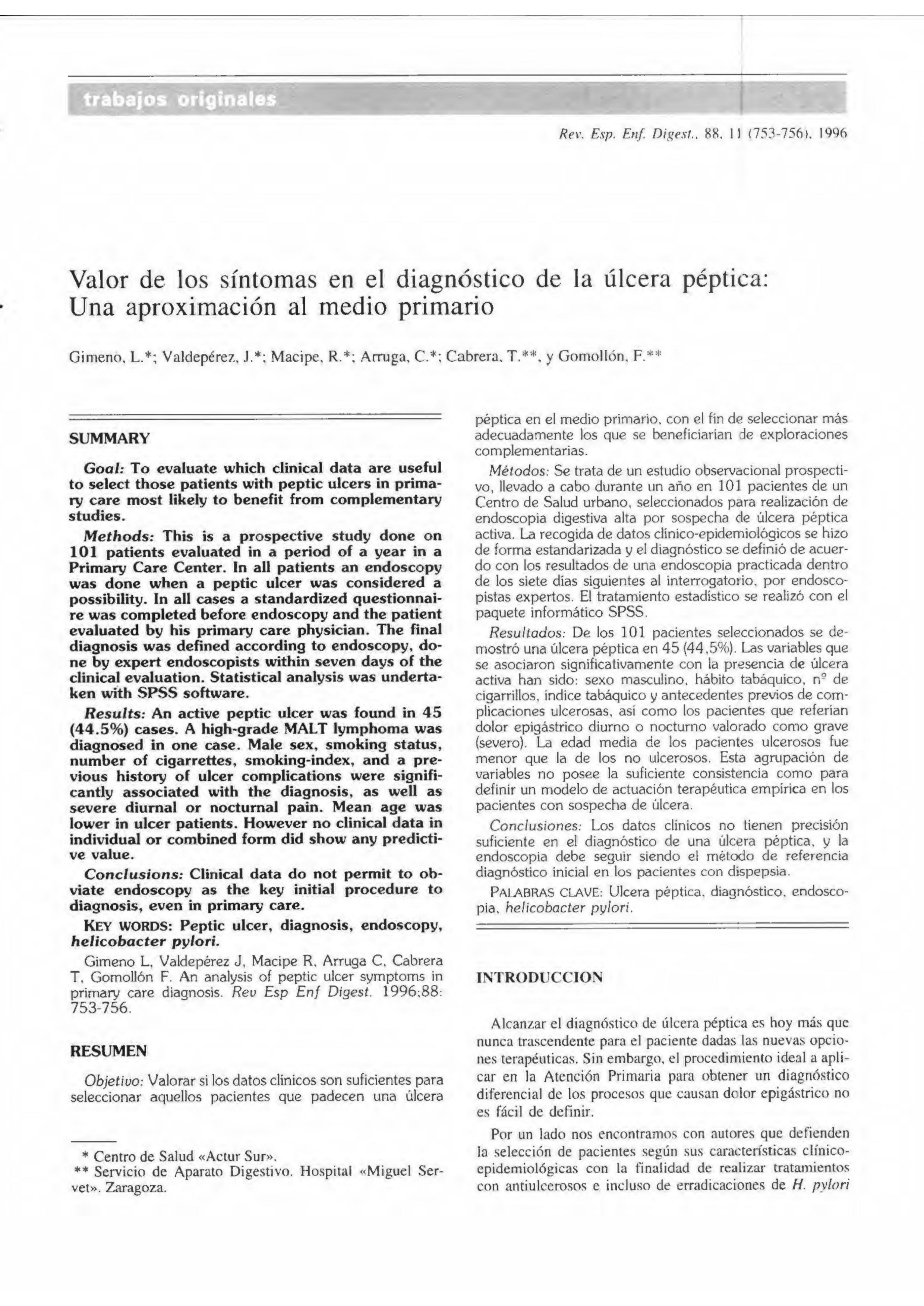 Valor de los síntomas en el diagnóstico de la úlcera péptica: una aproximación al medio primario