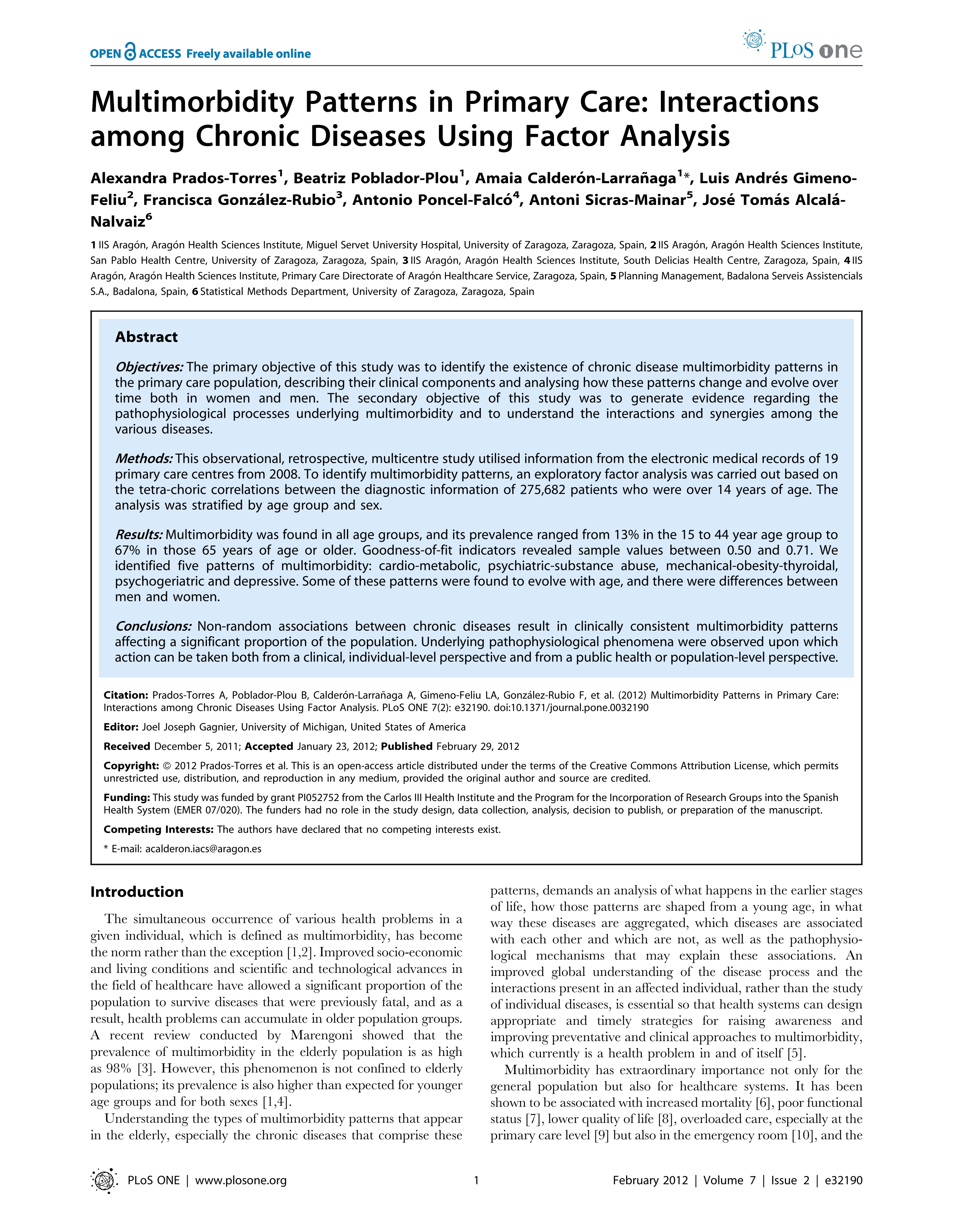 Multimorbidity patterns in primary care: Interactions among chronic diseases using factor analysis