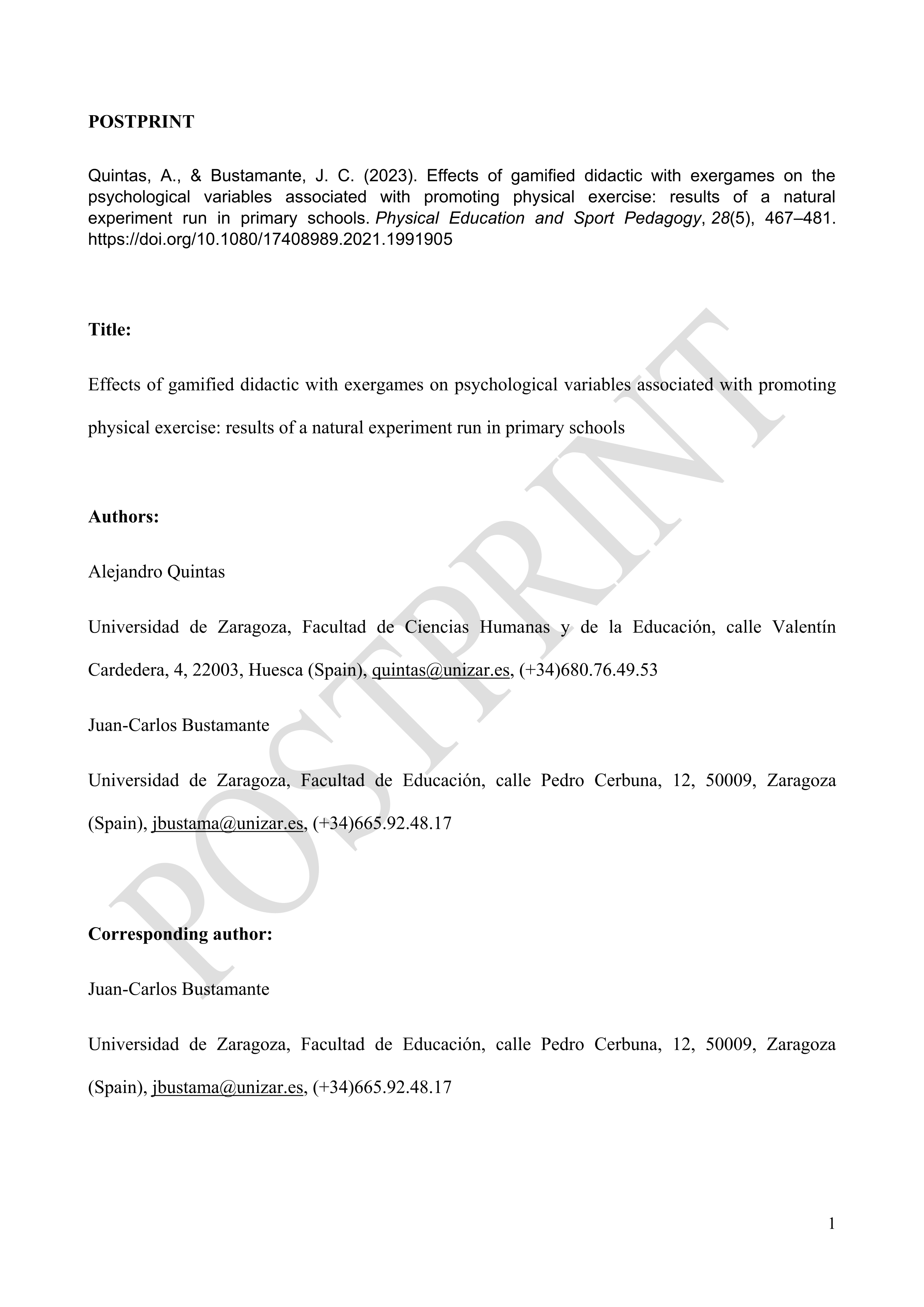 Effects of gamified didactic with exergames on the psychological variables associated with promoting physical exercise: results of a natural experiment run in primary schools