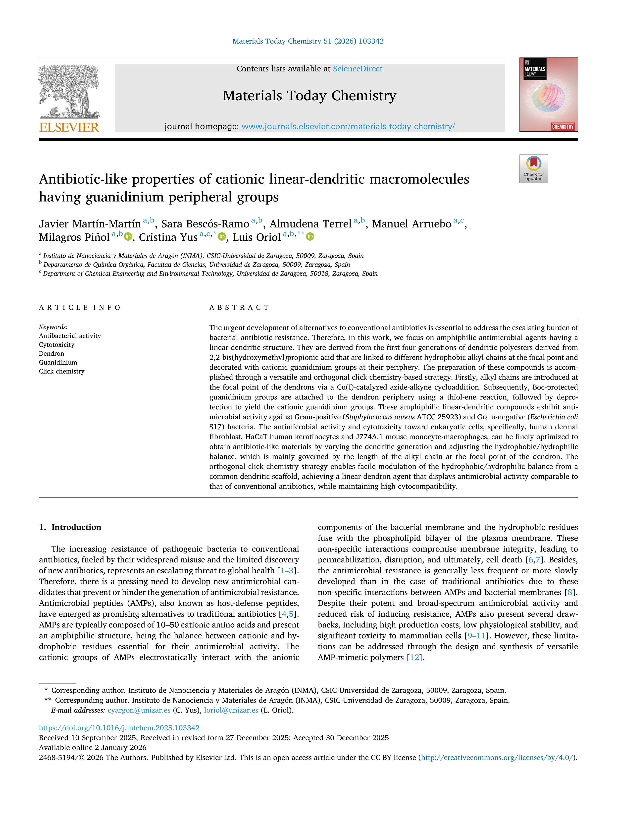 Antibiotic-like properties of cationic linear-dendritic macromolecules having guanidinium peripheral groups