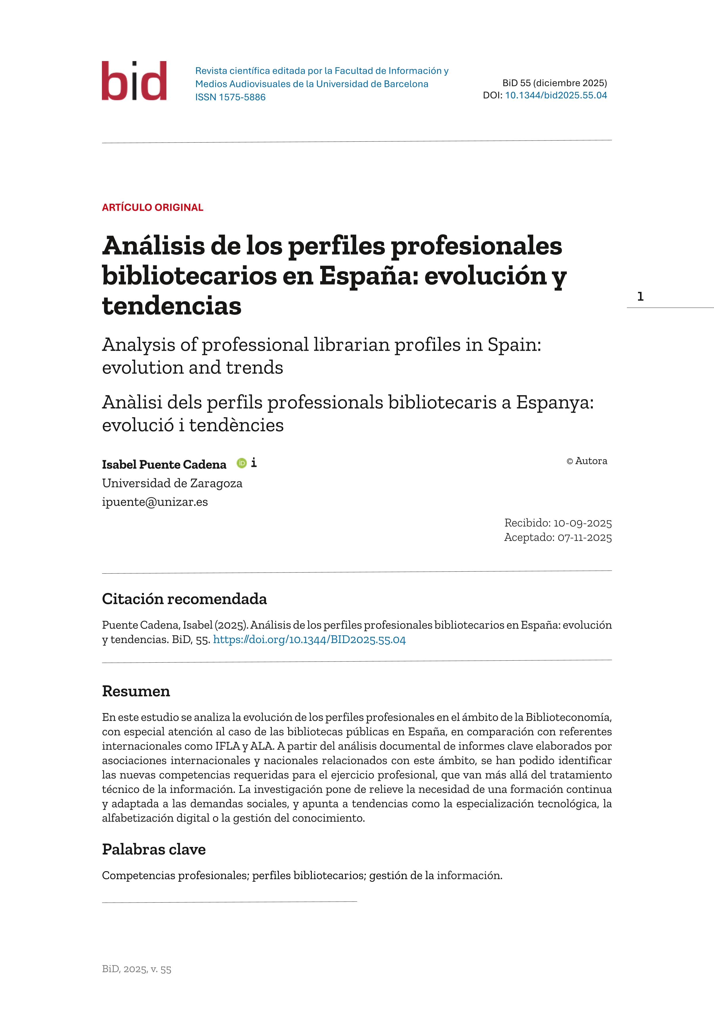 Análisis de los perfiles profesionales bibliotecarios en España : evolución y tendencias