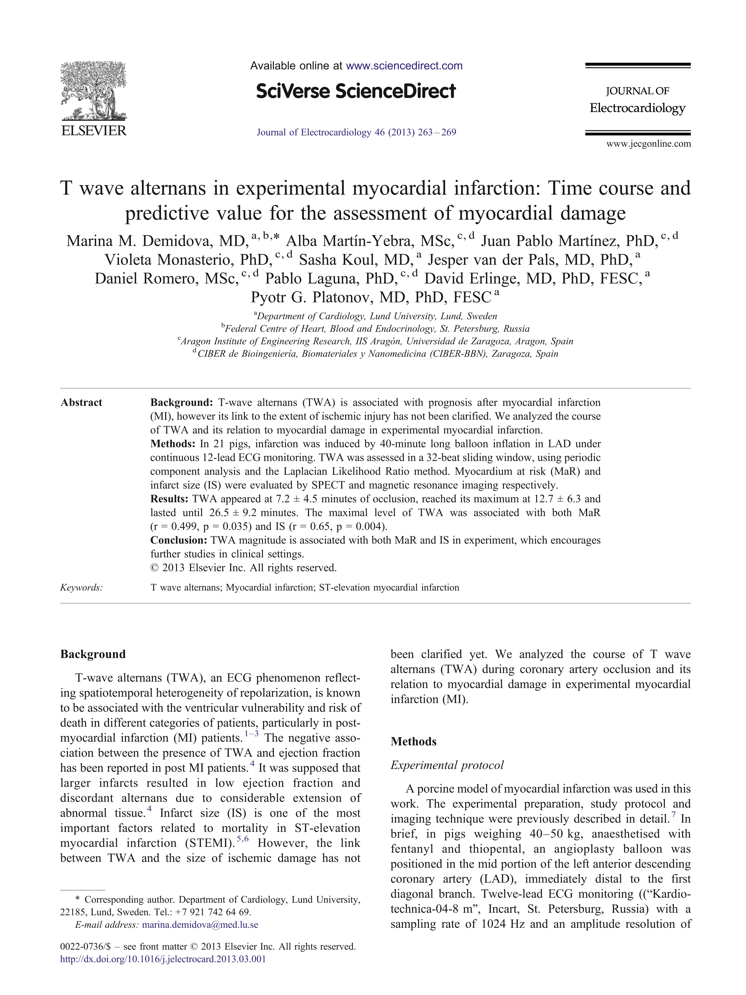 T wave alternans in experimental myocardial infarction: Time course and predictive value for the assessment of myocardial damage