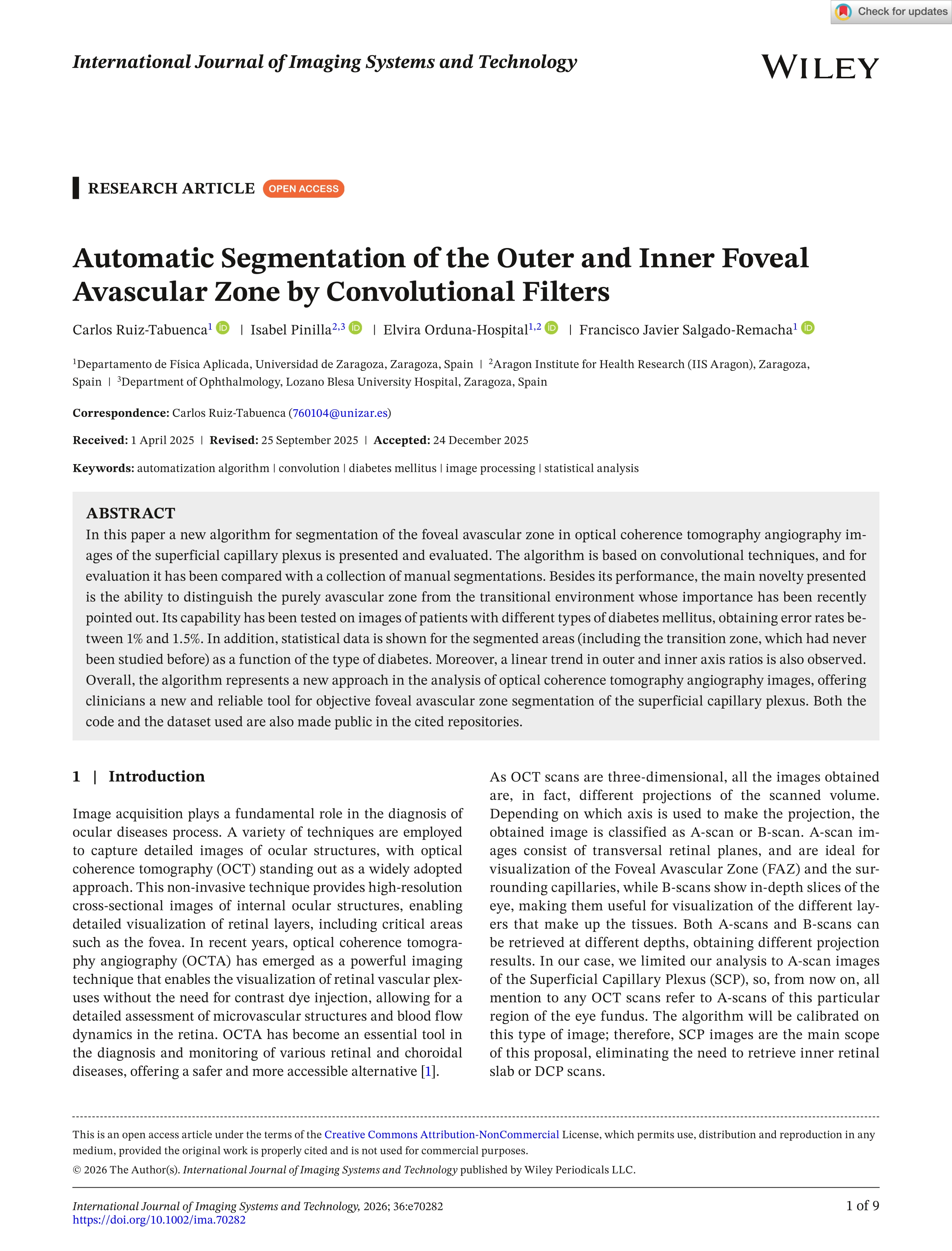 Automatic segmentation of the outer and inner foveal avascular zone by convolutional filters