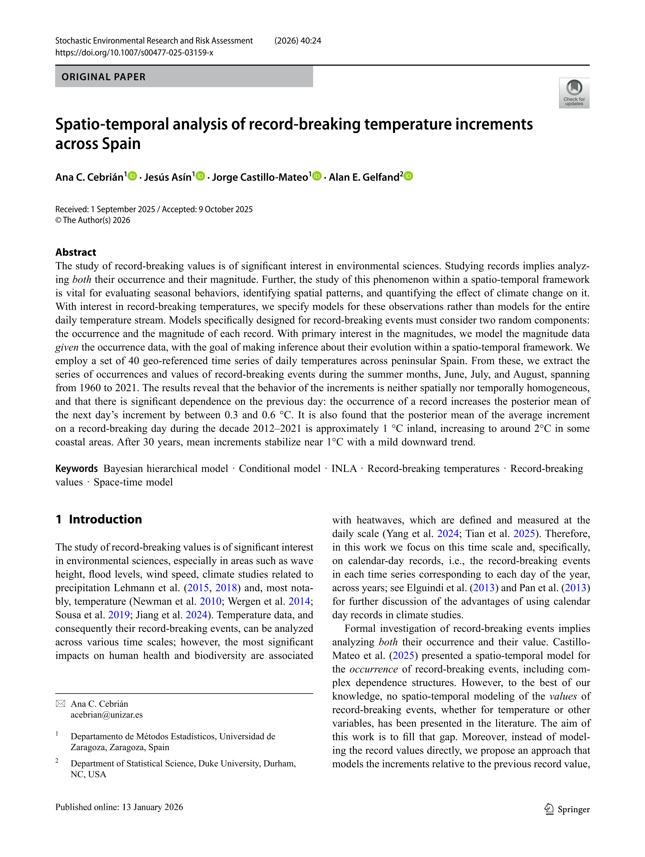 Spatio-temporal analysis of record-breaking temperature increments across Spain