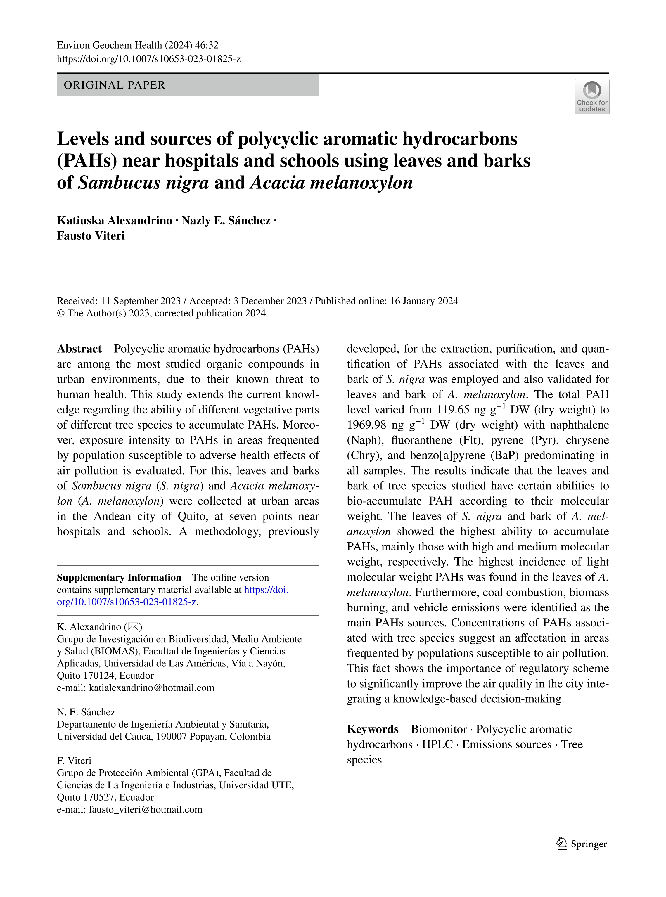 Levels and sources of polycyclic aromatic hydrocarbons (PAHs) near hospitals and schools using leaves and barks of Sambucus nigra and Acacia melanoxylon
