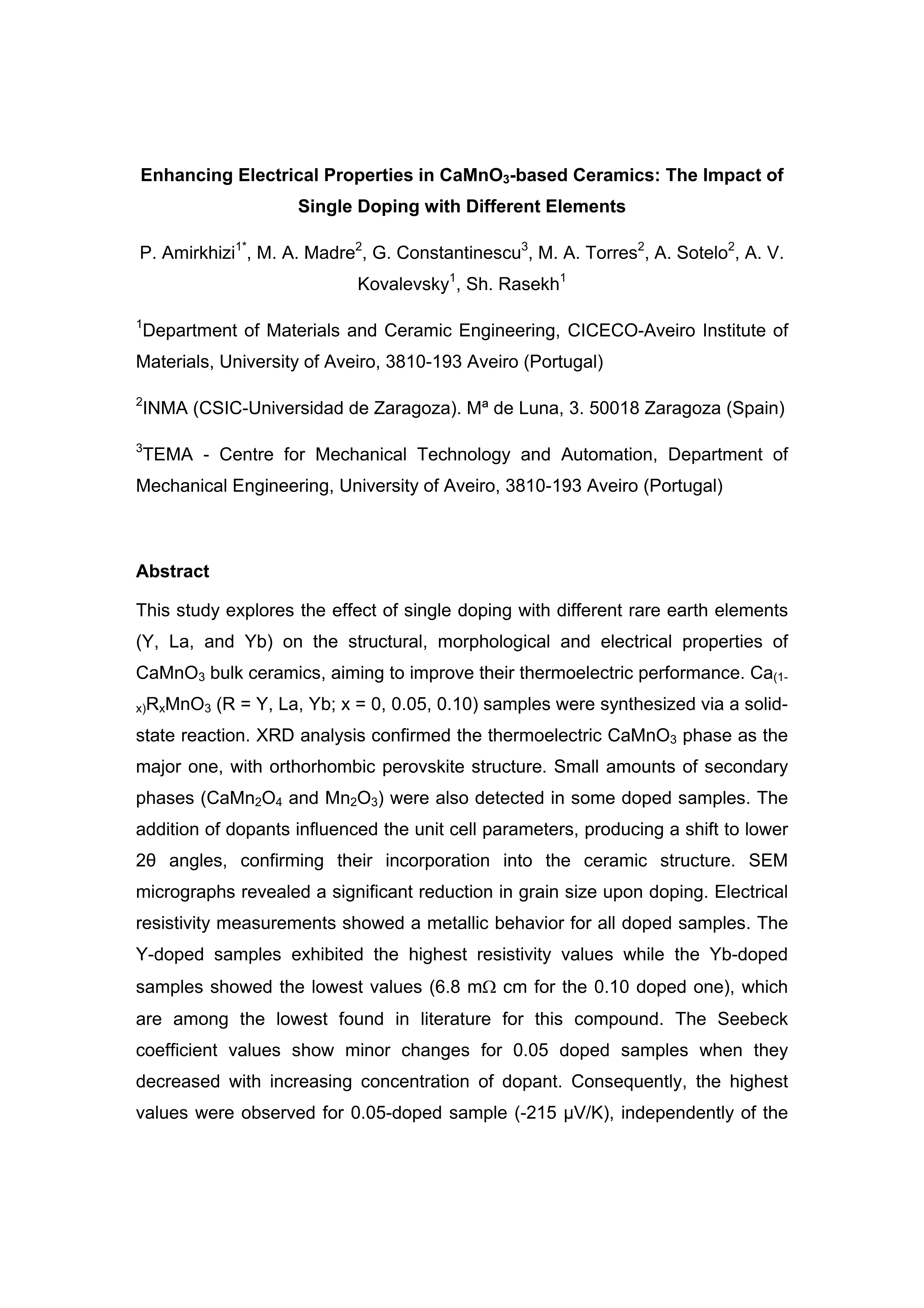 Enhancing electrical properties in CaMnO3-based ceramics: The impact of single doping with different elements