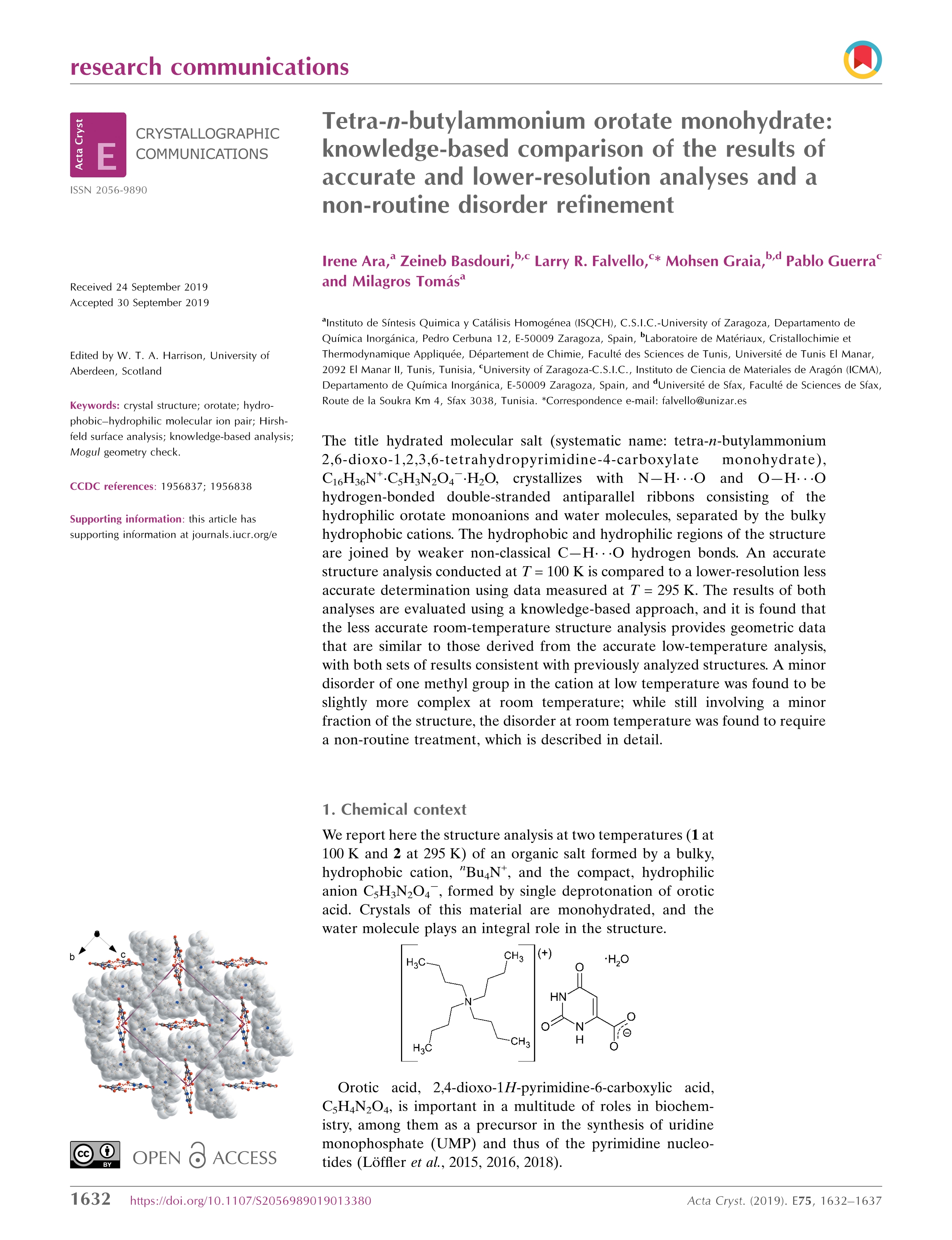 Tetra-n-butylammonium orotate monohydrate: Knowledge-based comparison of the results of accurate and lower-resolution analyses and a non-routine disorder refinement