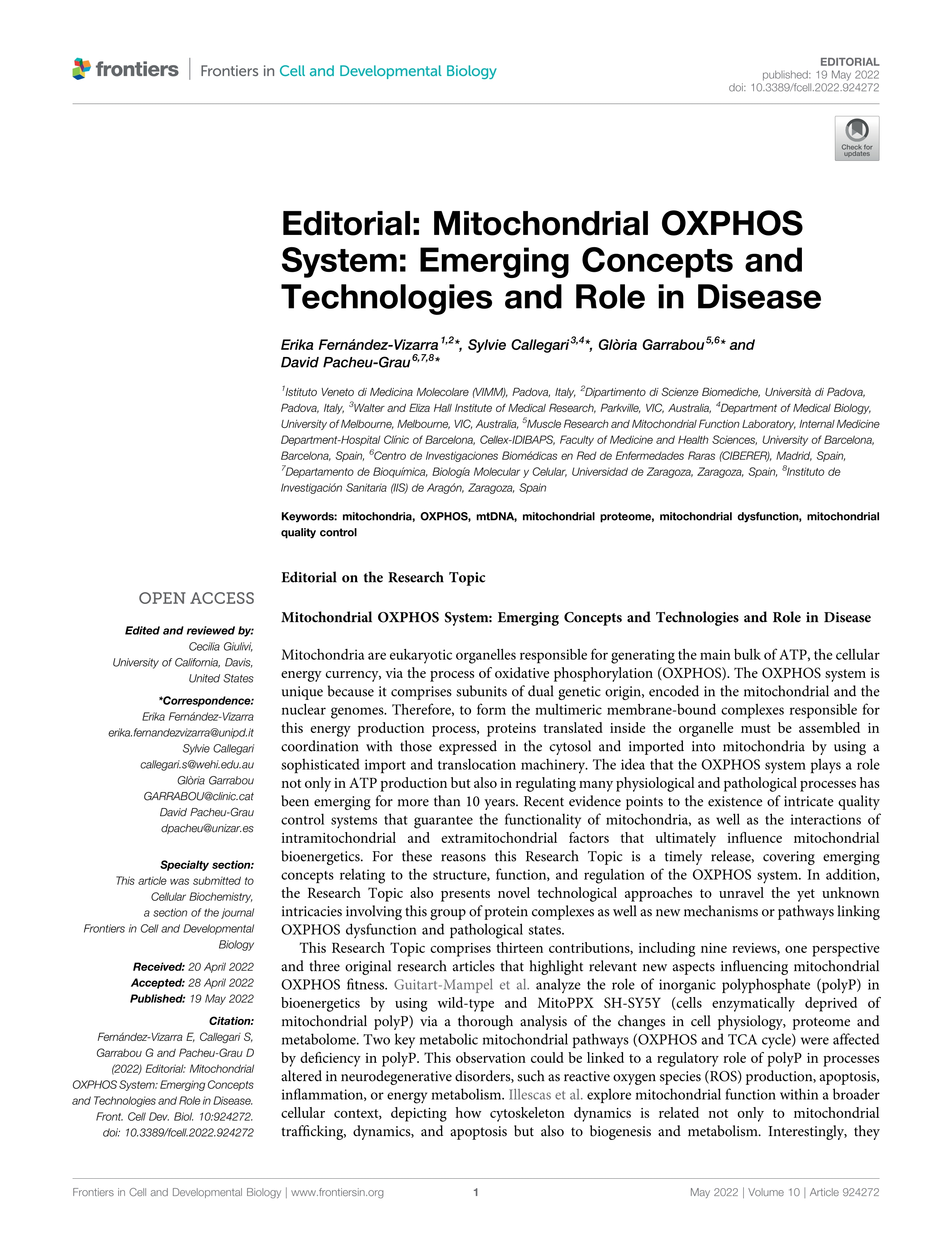 Editorial: Mitochondrial OXPHOS System: Emerging Concepts and Technologies and Role in Disease